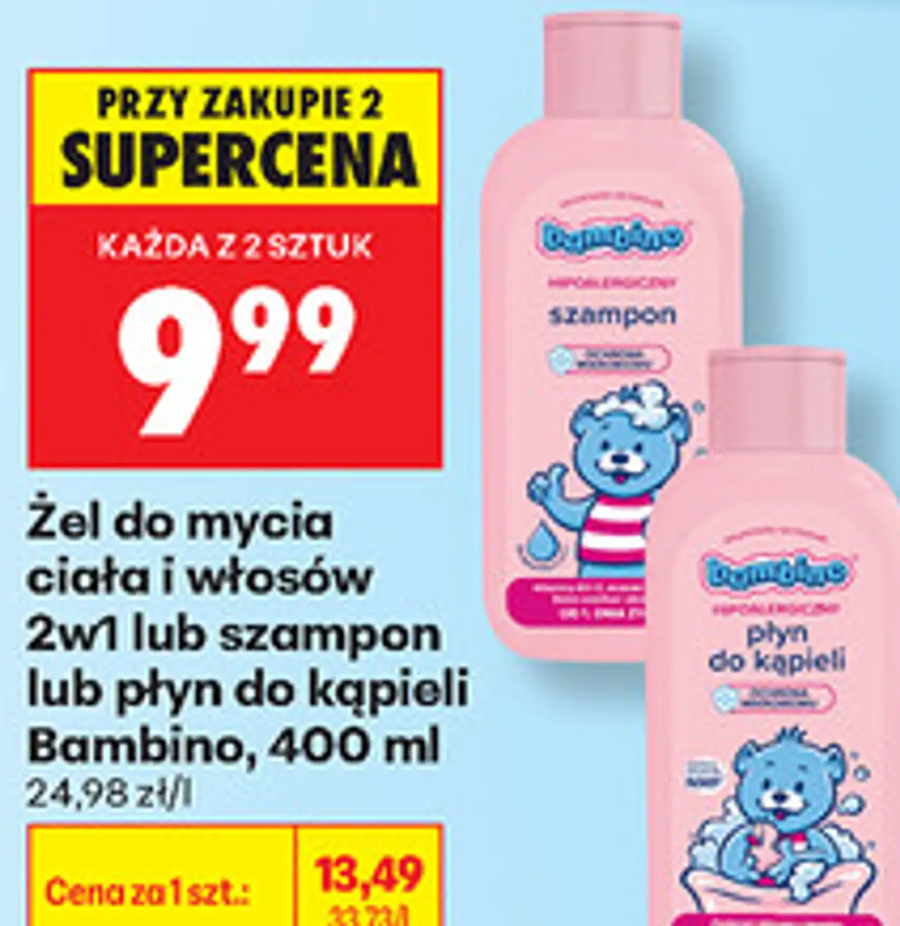 Żel do mycia ciała i włosów 2w1 lub szampon lub płyn do kąpieli Bambino, 400 ml
