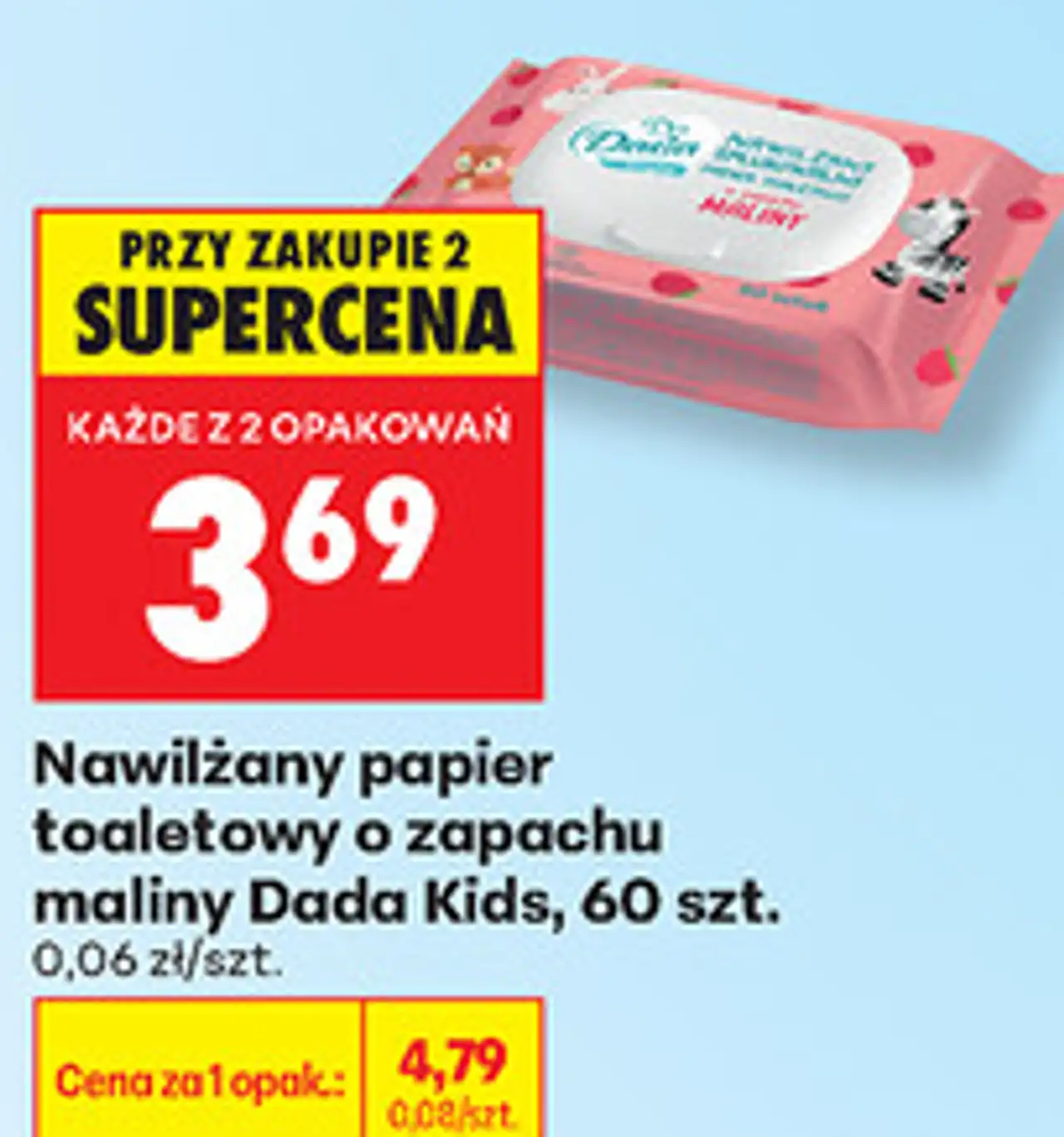 Nawilżany papier toaletowy o zapachu maliny Dada Kids, 60 szt.