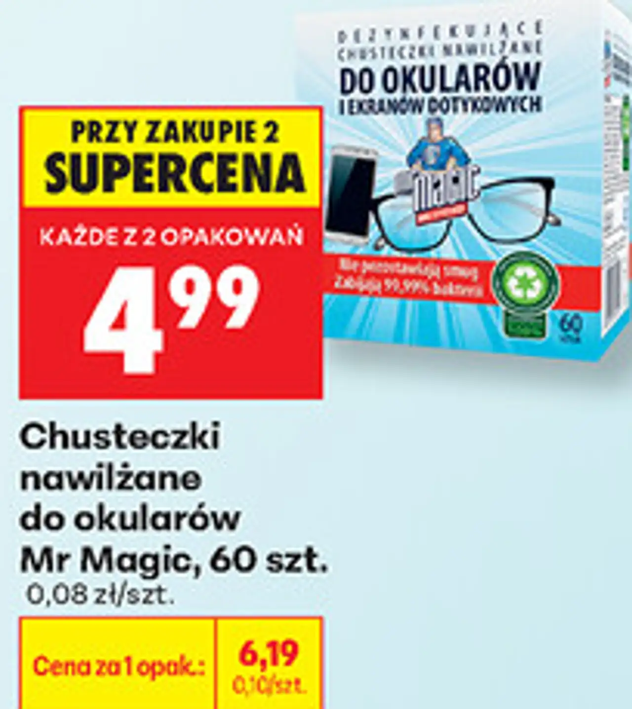 Chusteczki nawilżane do okularów Mr Magic, 60 szt.