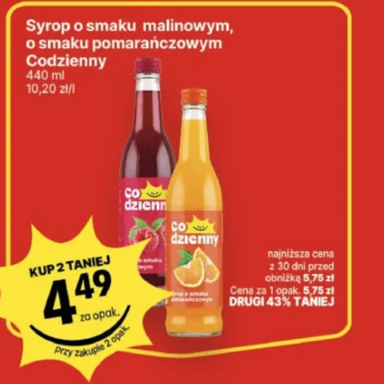 Syrop o smaku malinowym, o smaku pomarańczowym Codzienny