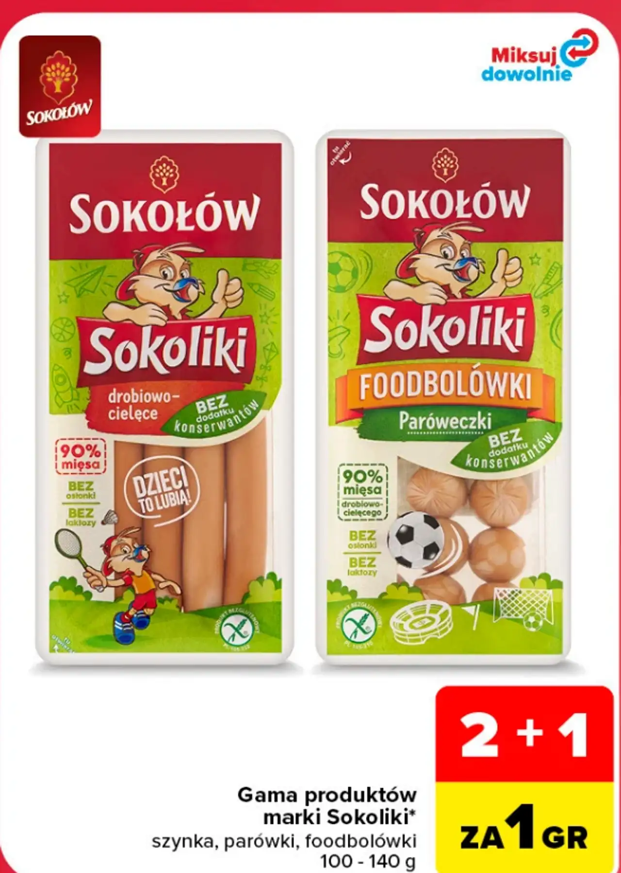 Gama produktów marki Sokoliki (szynka, parówki, foodbolówki)