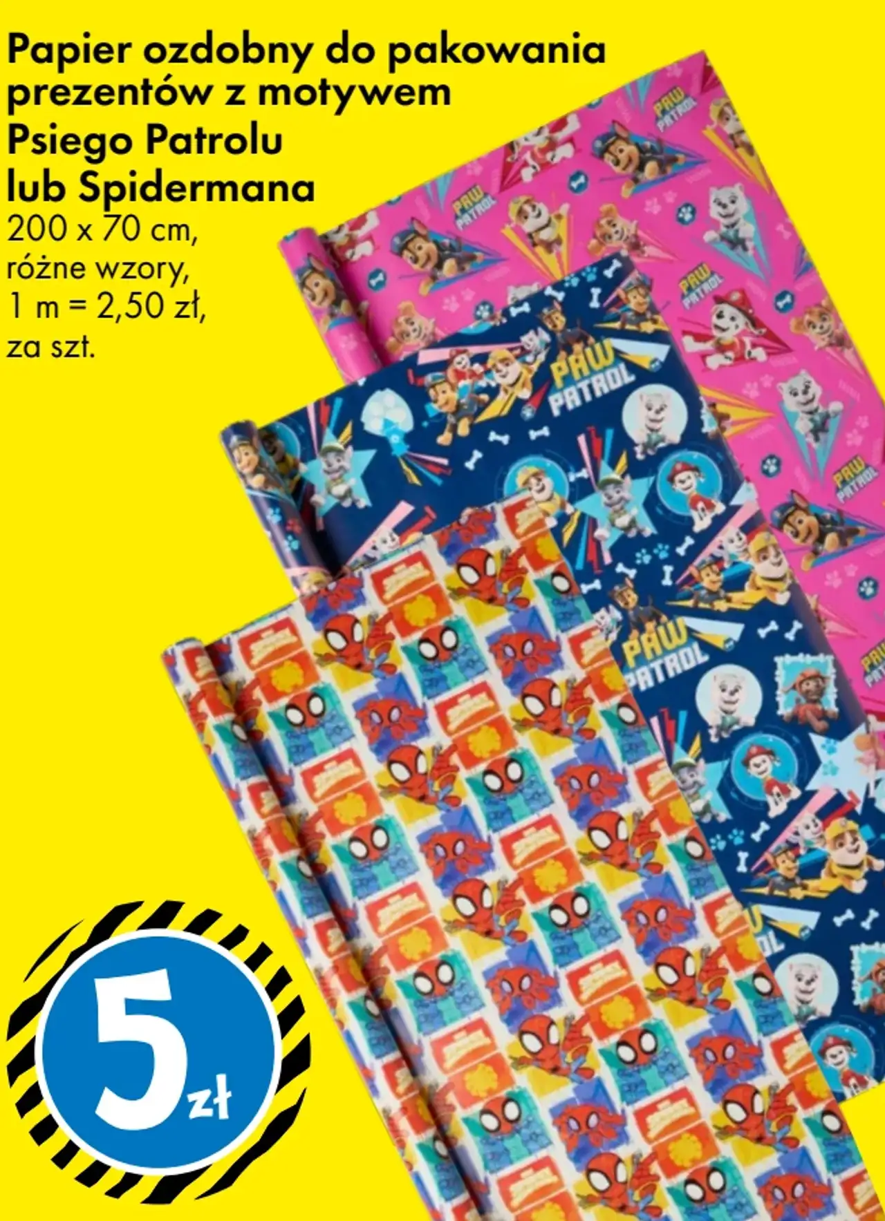 Papier ozdobny do pakowania prezentów z motywem Psiego Patrolu lub Spidermana