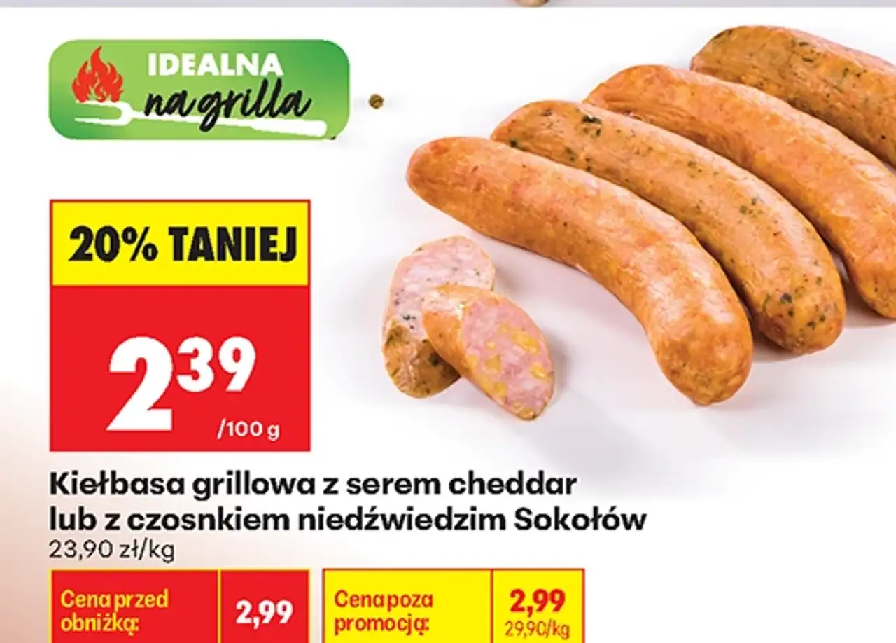 Kiełbasa grillowa z serem cheddar lub z czosnkiem niedźwiedzim Sokołów