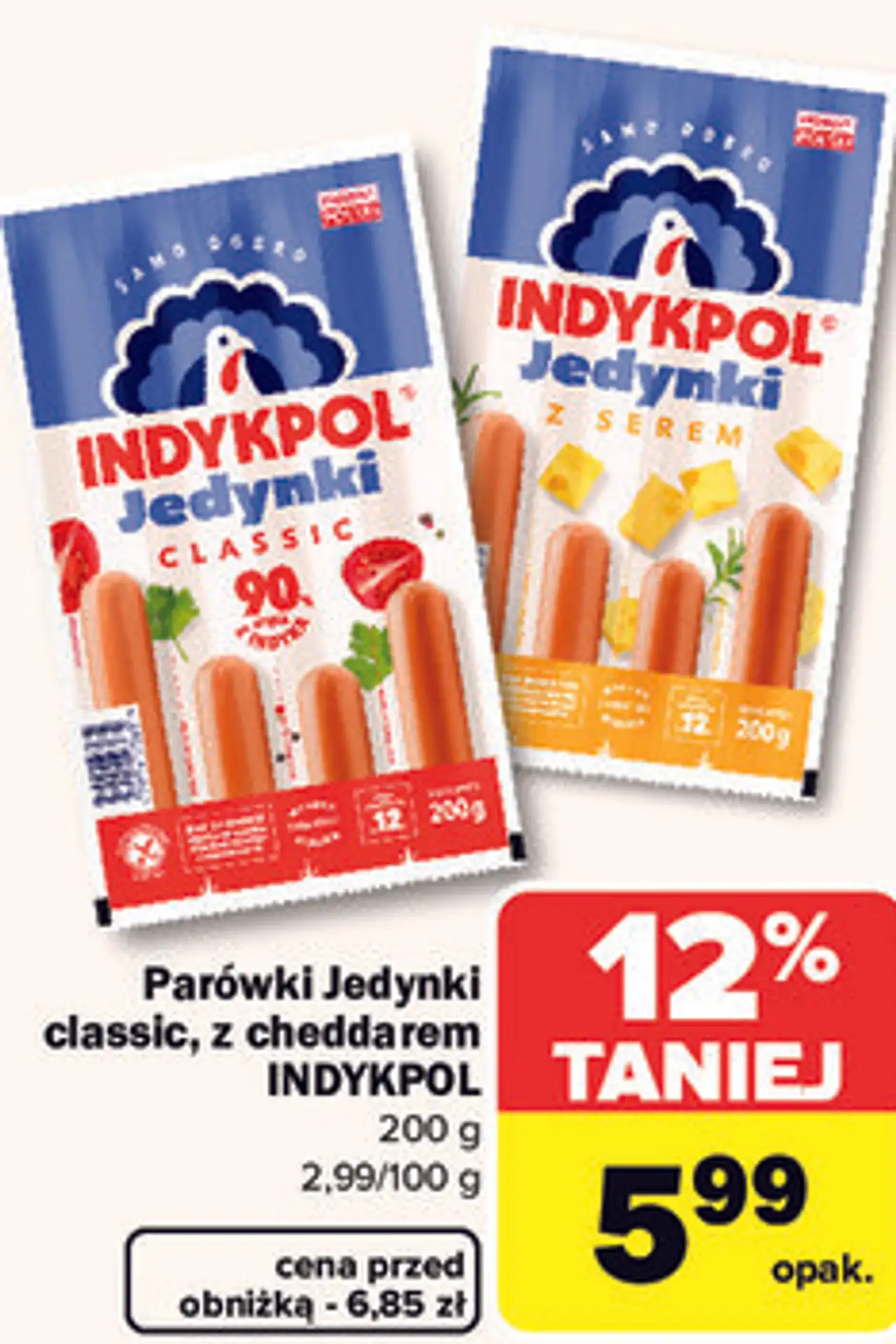 Parówki Jedynki classic, z cheddarem INDYKPOL