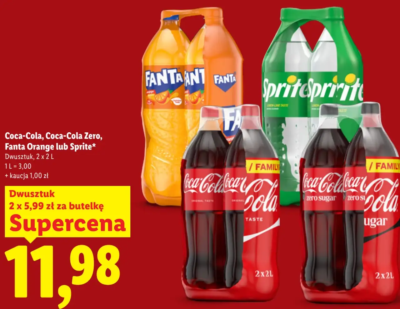 Coca-Cola, Coca-Cola Zero, Fanta Orange lub Sprite, Dwusztuk, 2 x 2 L