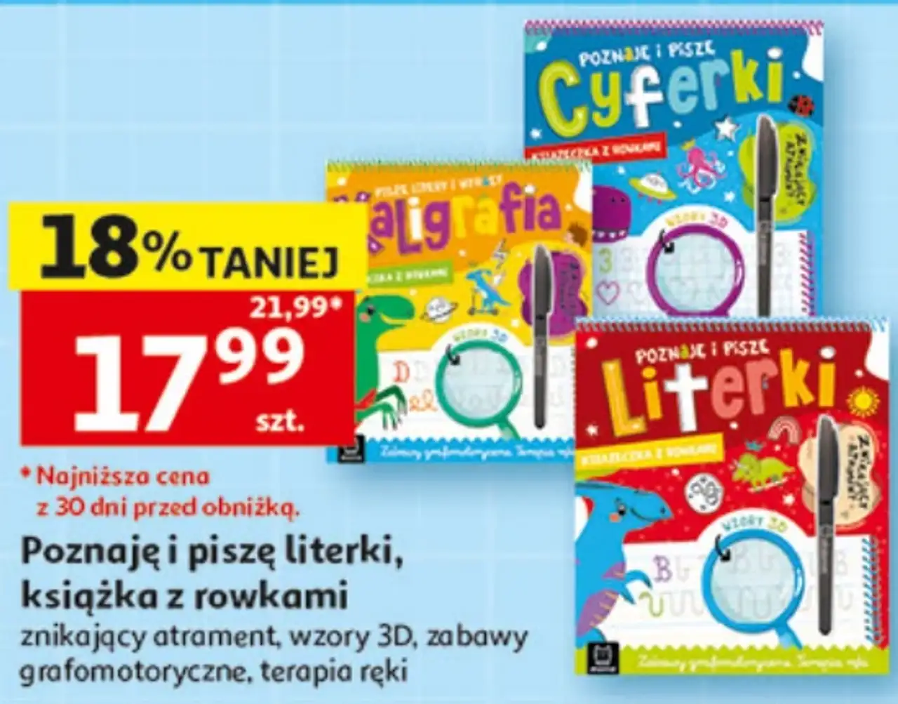 Poznaję i piszę literki, książka z rowkami znikający atrament, wzory 3D, zabawy grafomotoryczne, terapia ręki