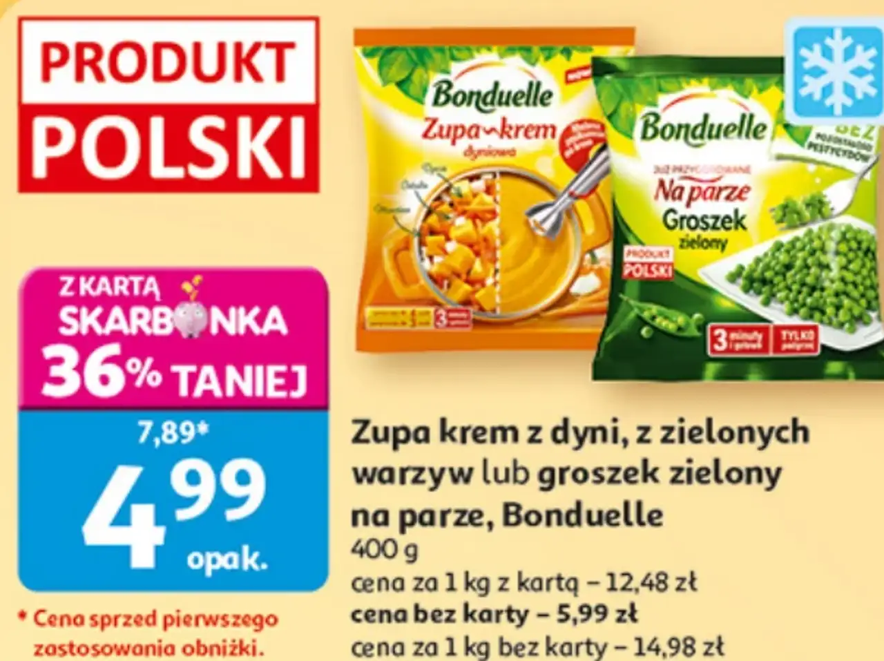Zupa krem z dyni, z zielonych warzyw lub groszek zielony na parze Bonduelle