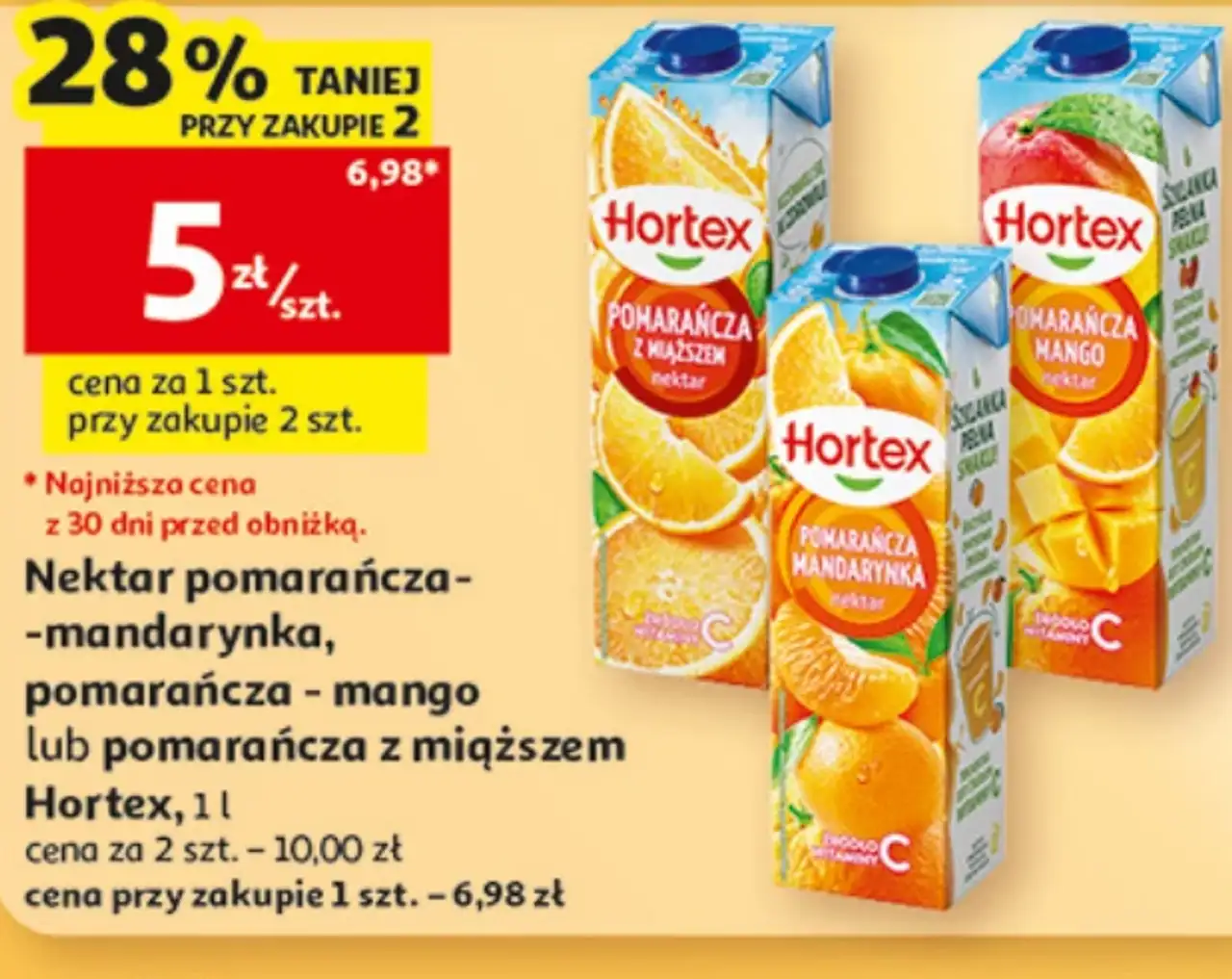 Nektar pomarańcza-mandarynka, pomarańcza-mango lub pomarańcza z miąższem Hortex