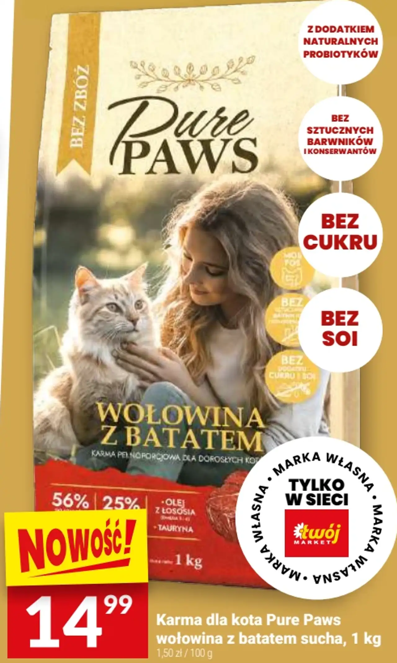 Karma dla kota Pure Paws wołowina z batatem sucha, 1 kg