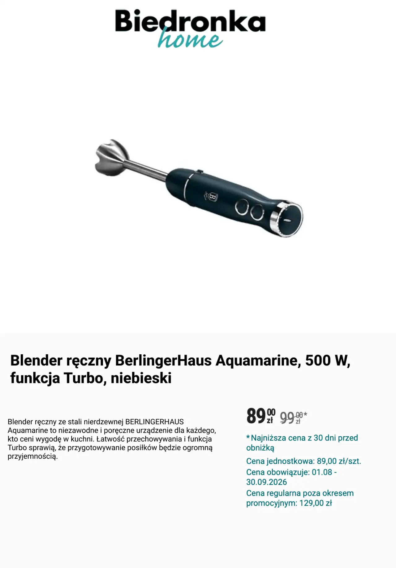 Blender ręczny BerlingerHaus Aquamarine, 500 W, funkcja Turbo, niebieski