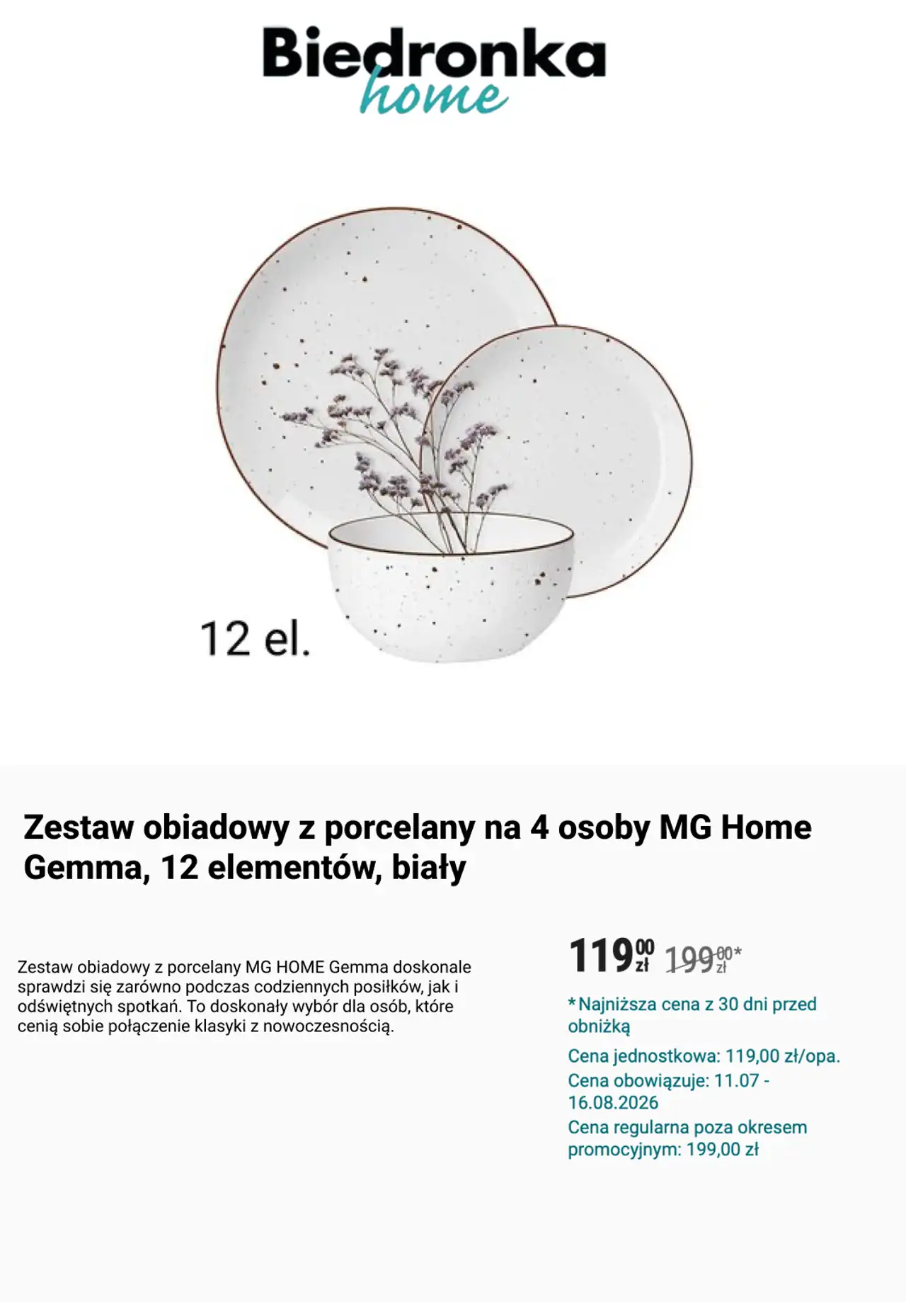 Zestaw obiadowy z porcelany na 4 osoby MG Home Gemma, 12 elementów, biały
