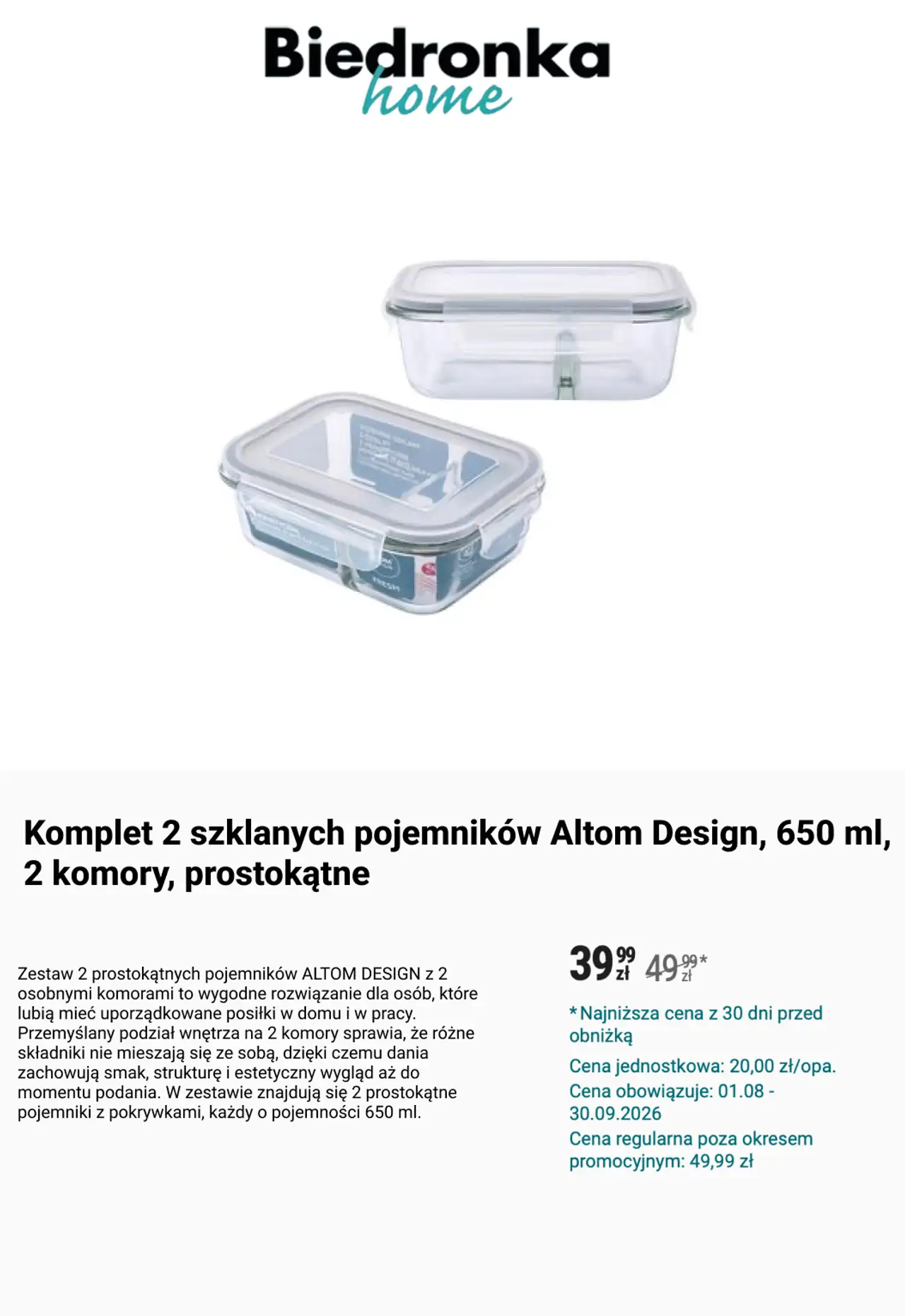 Komplet 2 szklanych pojemników Altom Design, 650 ml, 2 komory, prostokątne