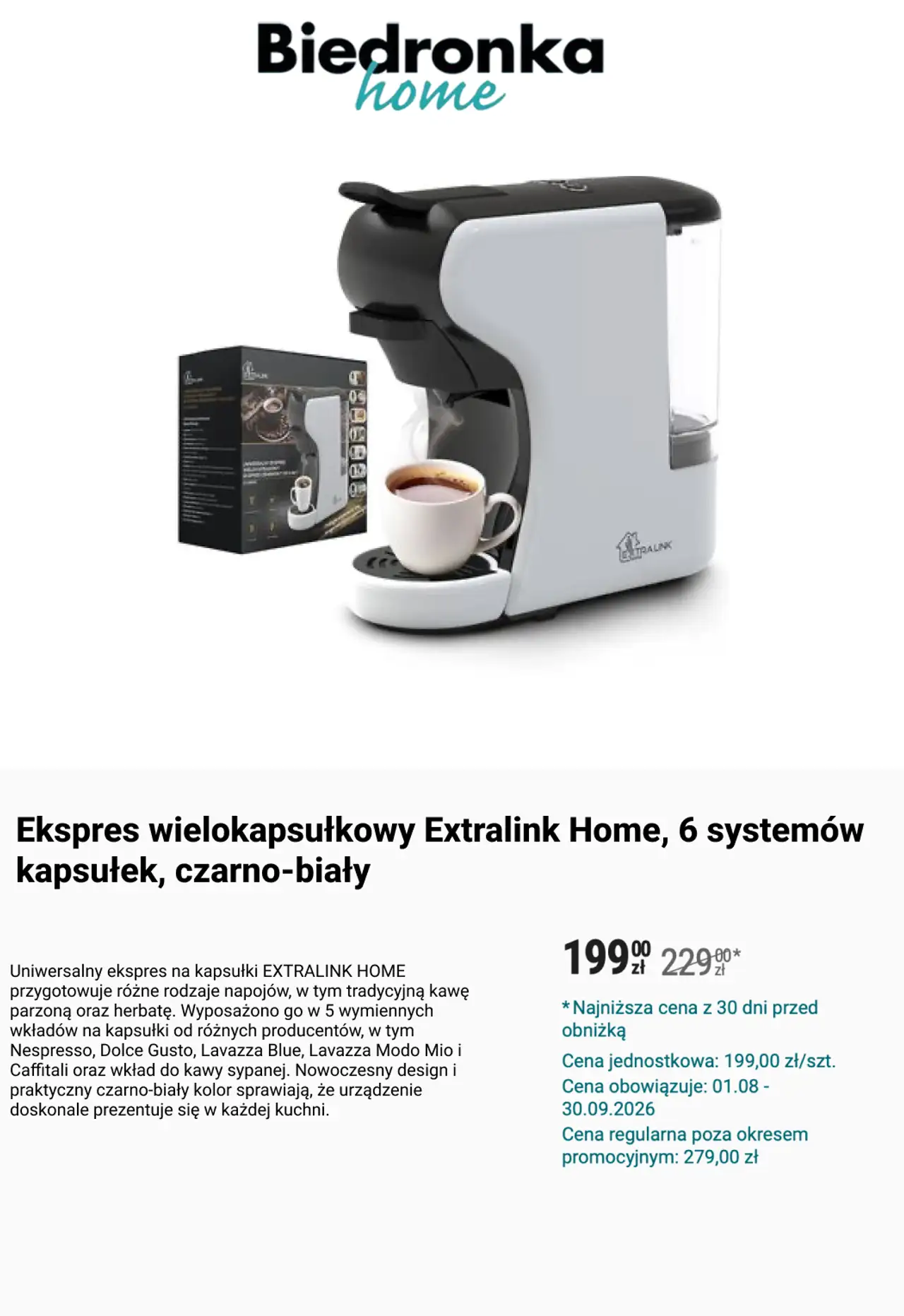 Ekspres wielokapsułkowy Extralnik Home, 6 systemów kapsułek, czarno-biały