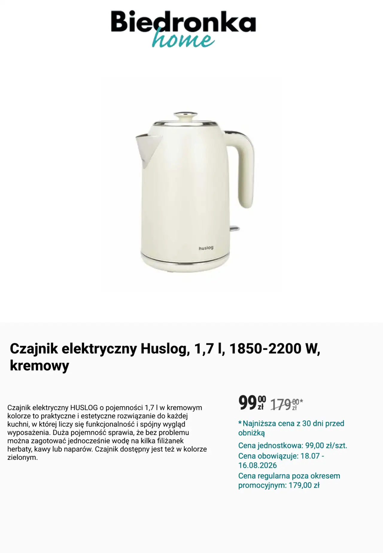Czajnik elektryczny Huslog, 1,7 l, 1850-2200 W, kremowy