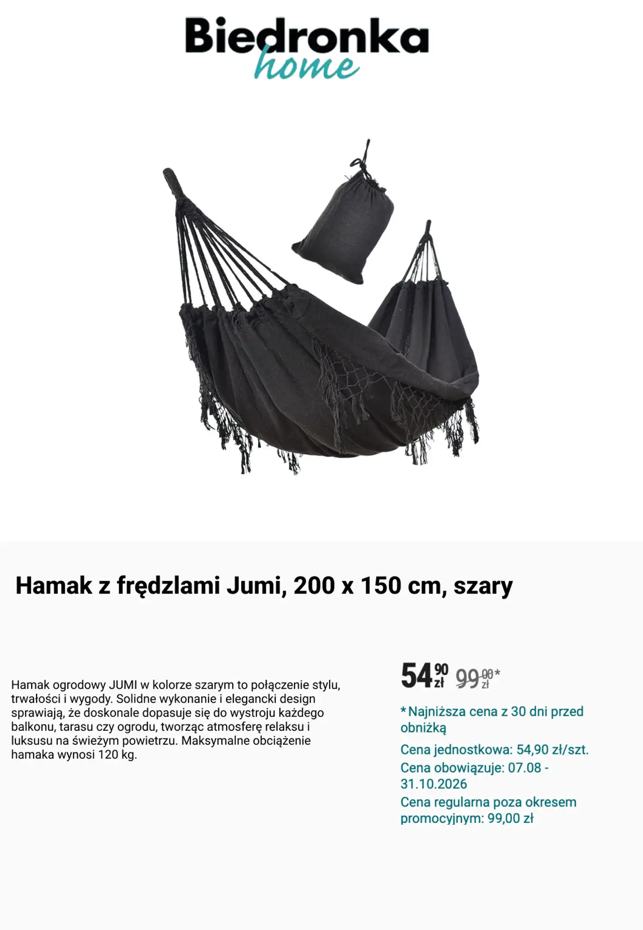 Hamak z frędzlami Jumi, 200 x 150 cm, szary