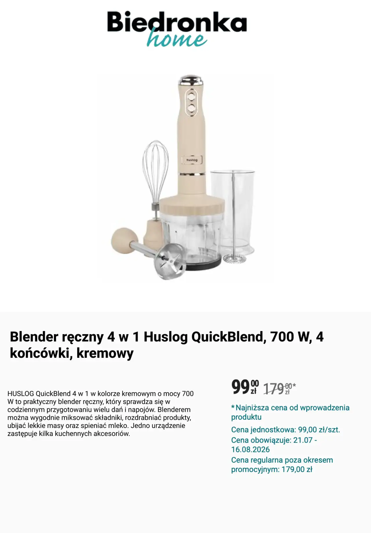 Blender ręczny 4 w 1 Huslog QuickBlend, 700 W, 4 końcówki, kremowy