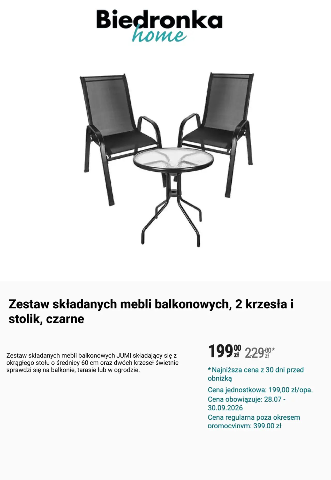 Zestaw składanych mebli balkonowych, 2 krzesła i stolik, czarne