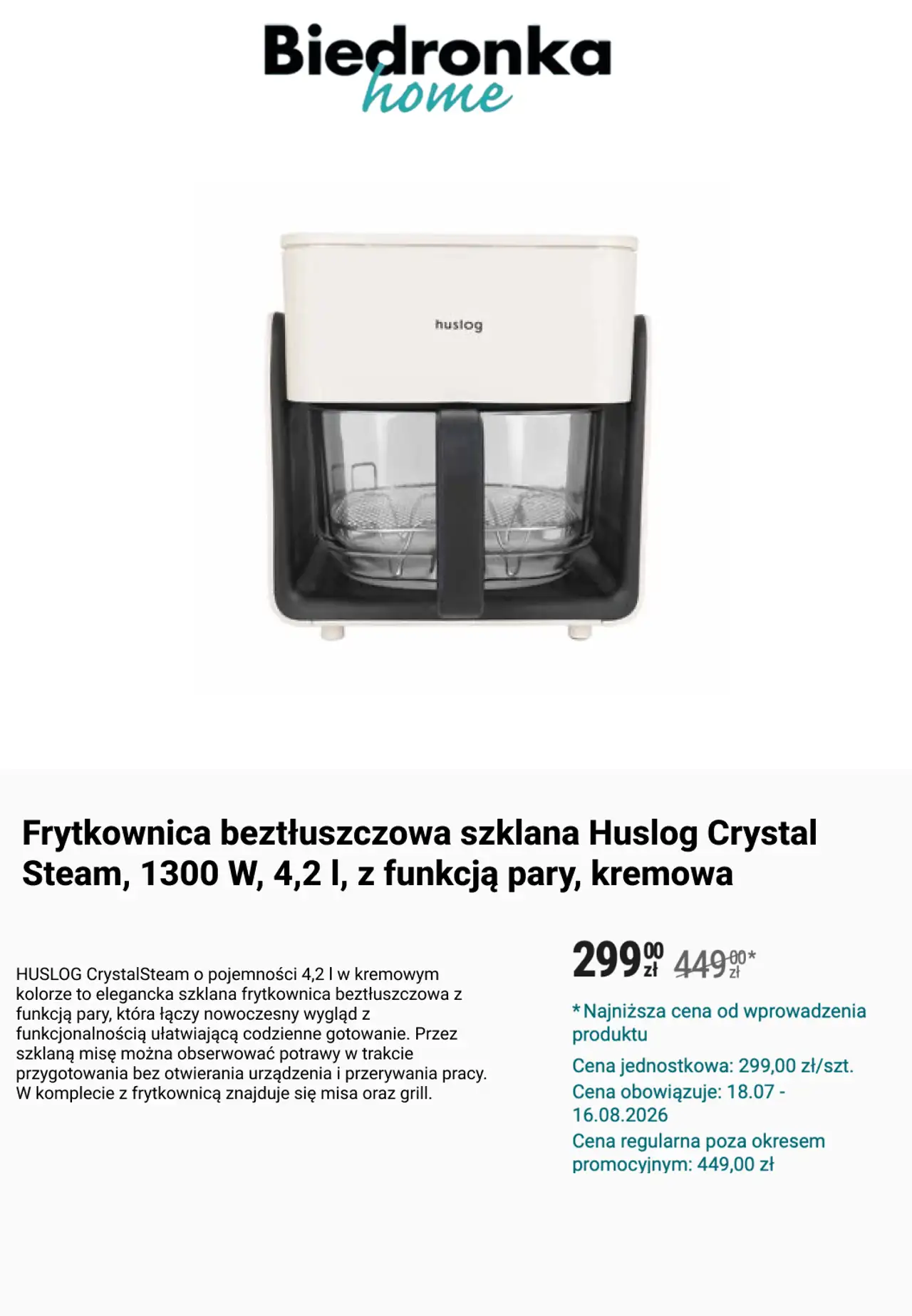 Frytkownica beztłuszczowa szklana Huslog Crystal Steam, 1300 W, 4,2 l, z funkcją pary, kremowa