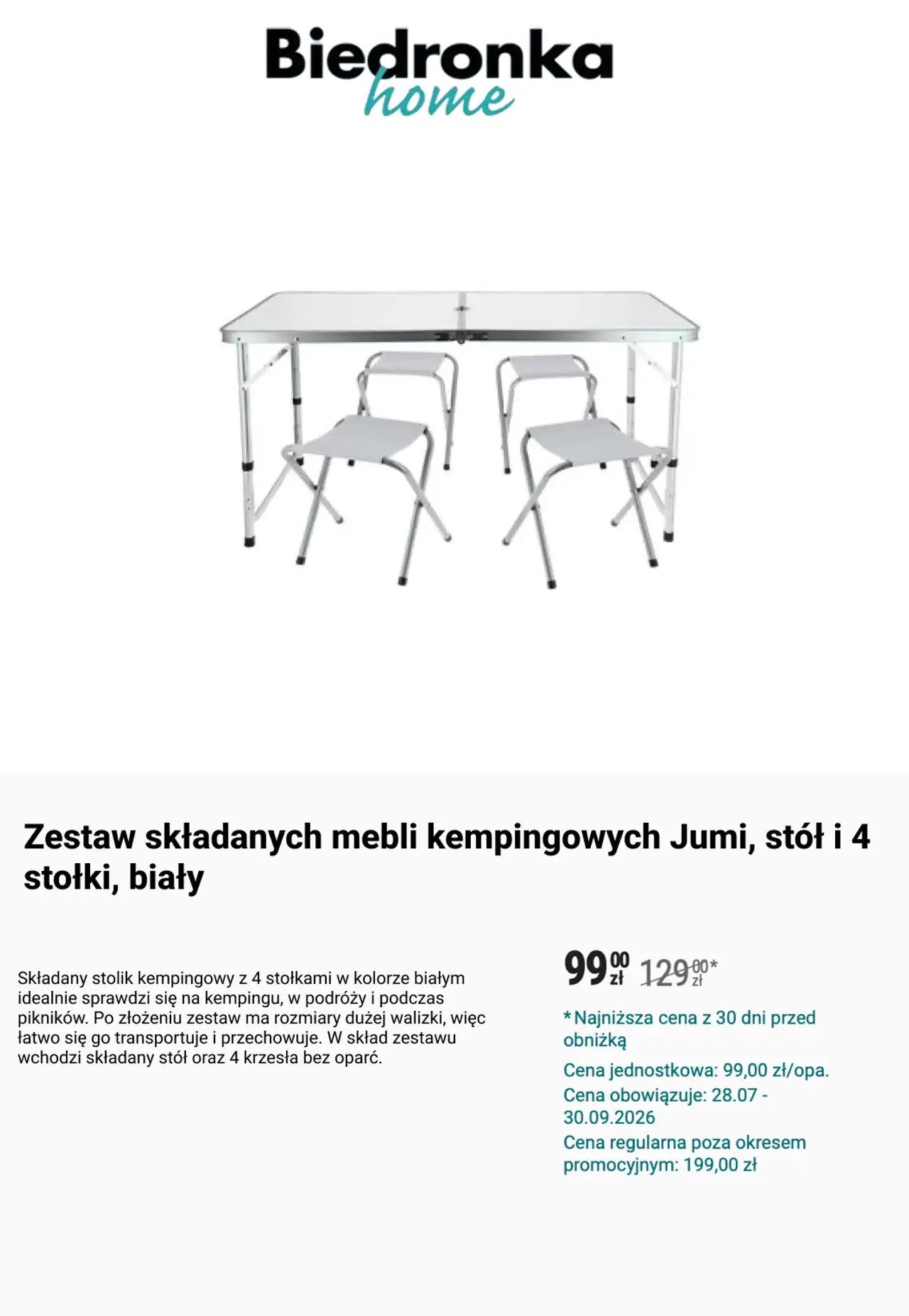 Zestaw składanych mebli kempingowych Jumi, stół i 4 stołki, biały
