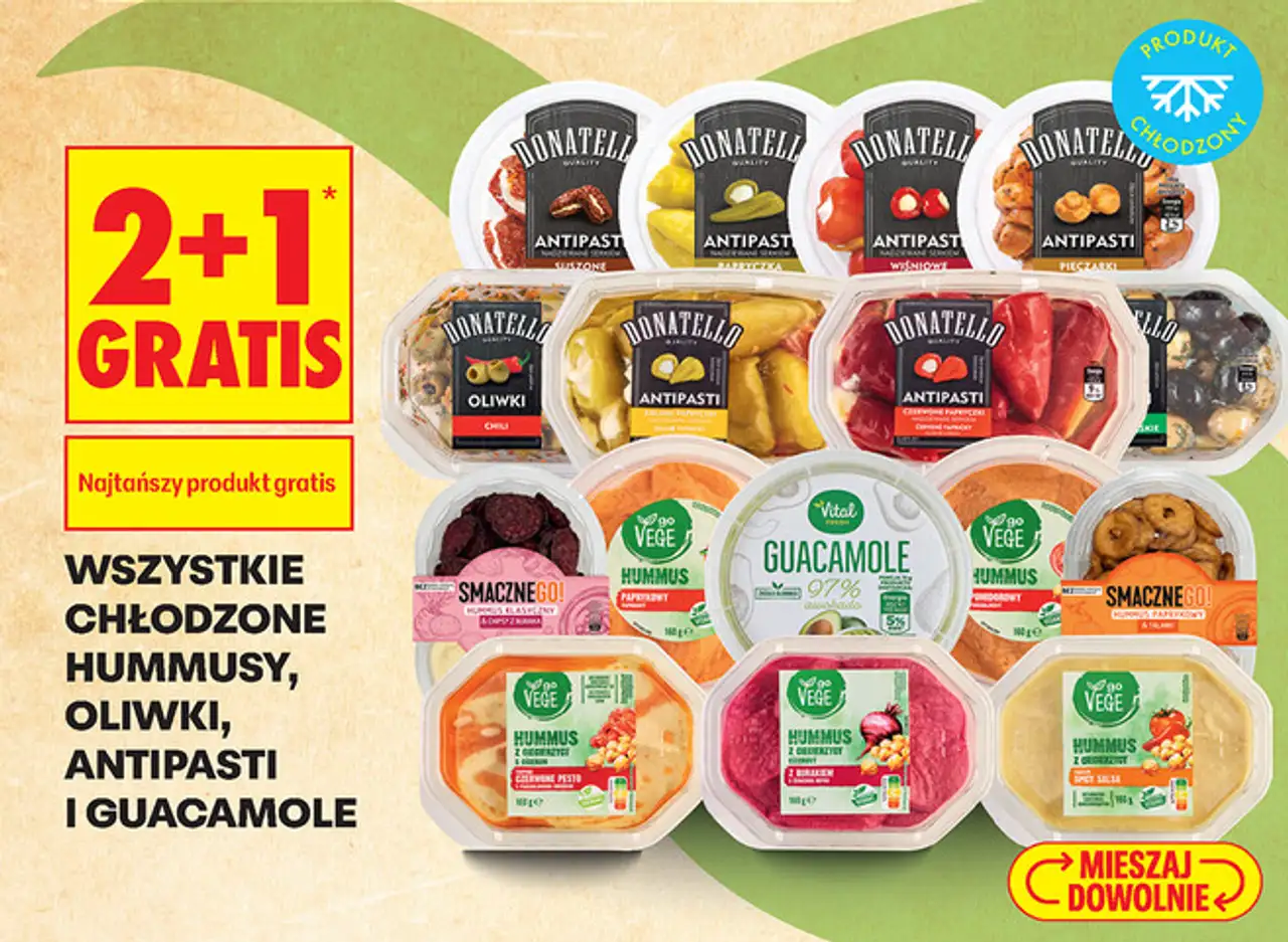 Wszystkie chłodzone hummusy, oliwki, antipasti i guacamole Donatello, Go Vege, Smacznego!, Vital