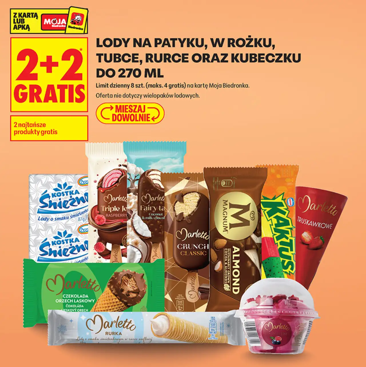 Lody na patyku, w rożku, tubce, rurce oraz kubeczku do 270 ml Marletto, Magnum, Kaktus