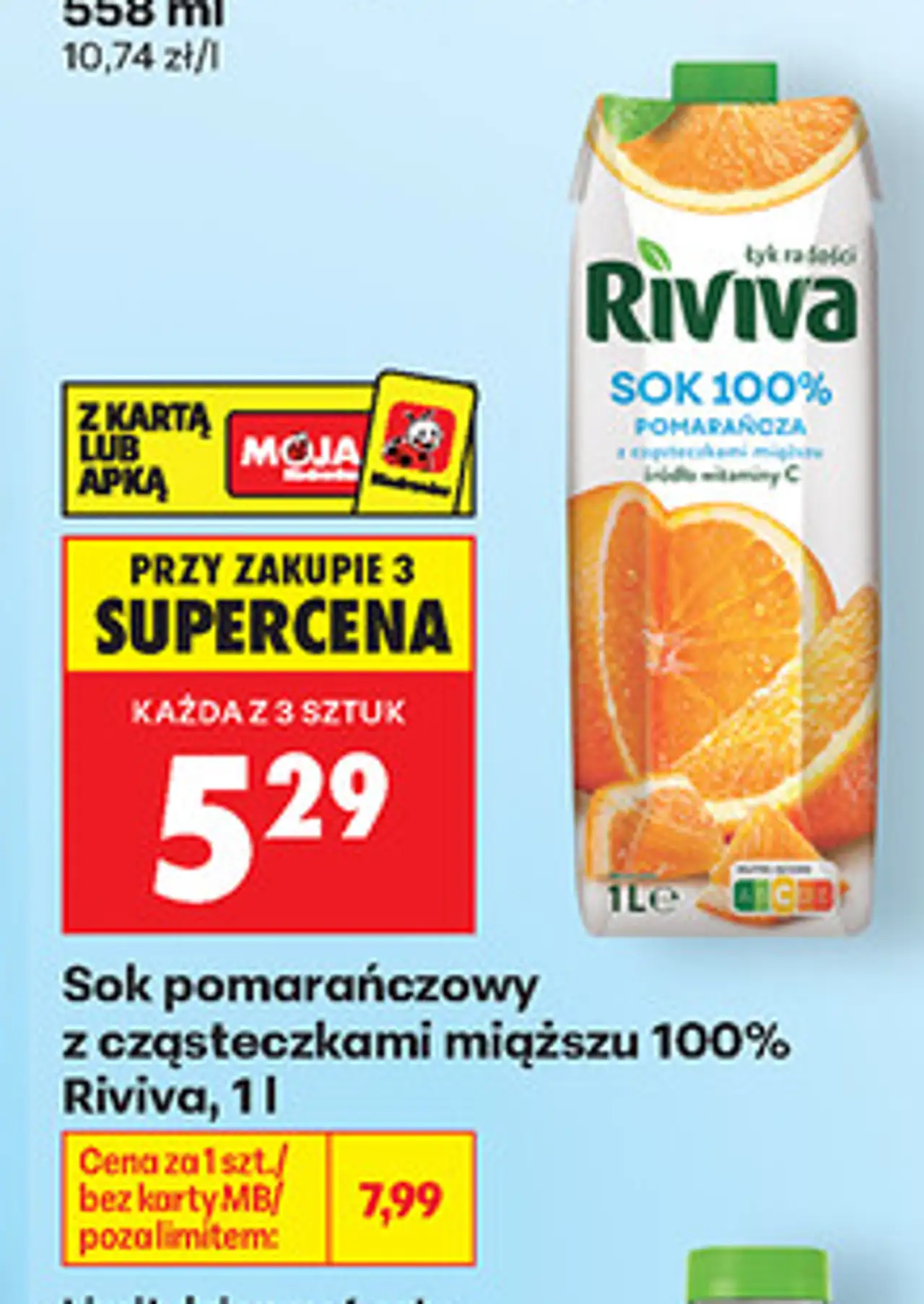 Sok pomarańczowy z cząsteczkami miąższu 100% Riviva, 1 l