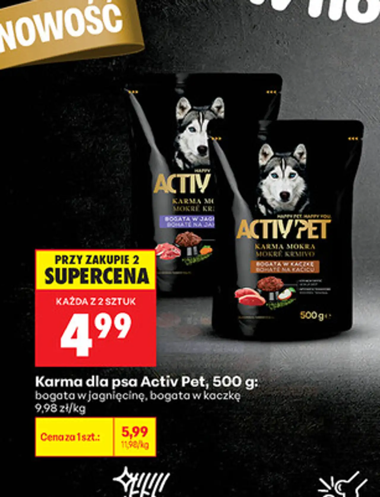 Karma dla psa Activ Pet, bogata w jagnięcinę, bogata w kaczkę