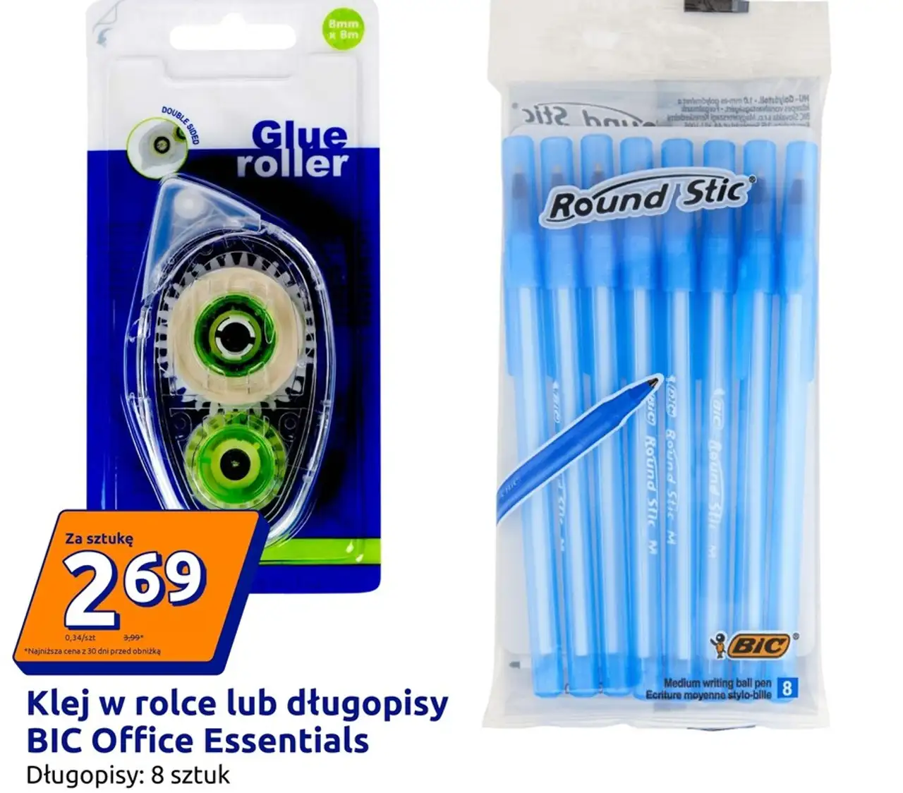 Klej w rolce/Długopisy BIC Round Stic