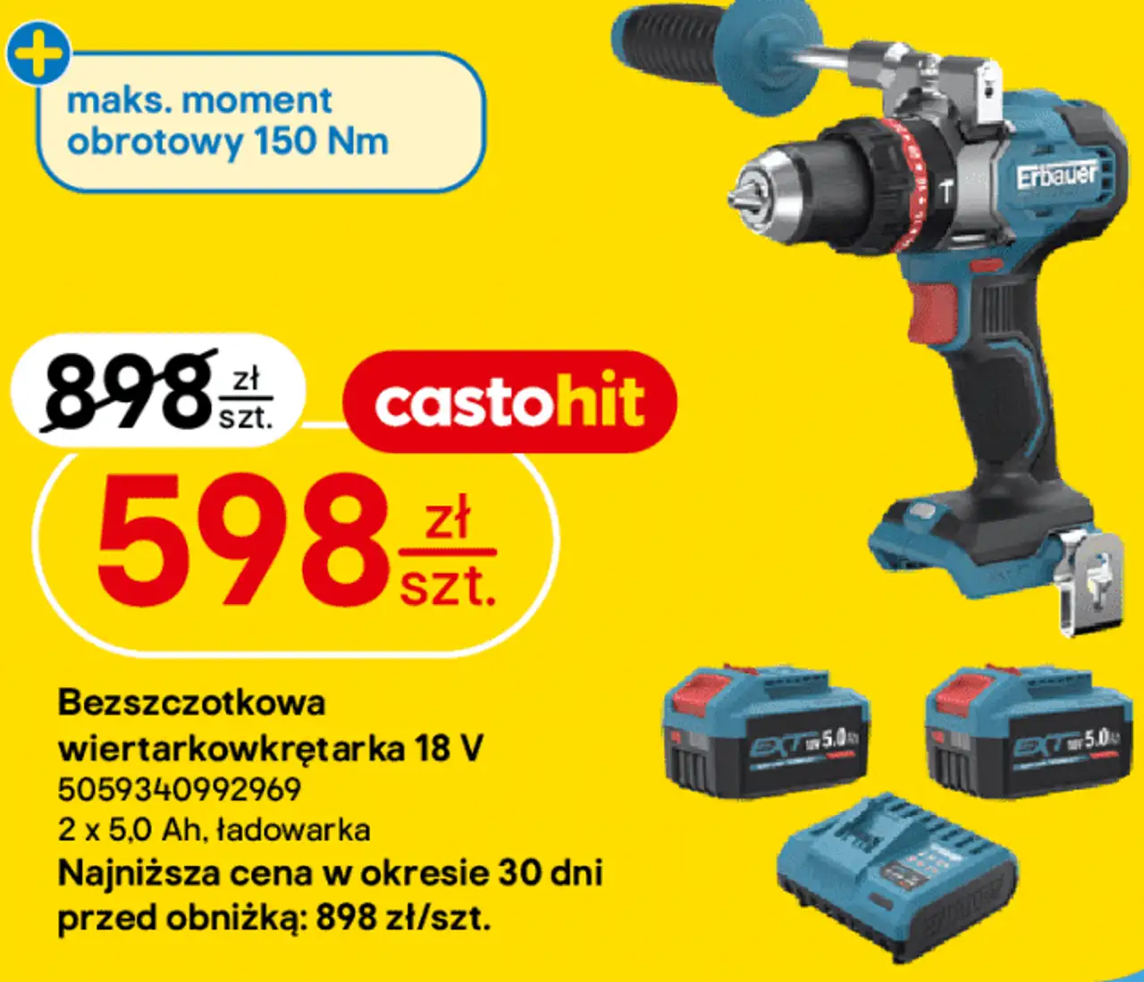 Bezszczotkowa wiertarkowkrętarka 18 V Erbauer