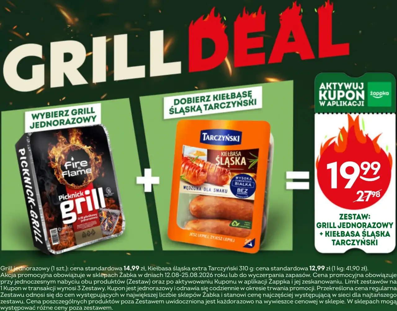 Zestaw: Grill Jednorazowy Fire Flame + Kiełbasa Śląska Tarczyński