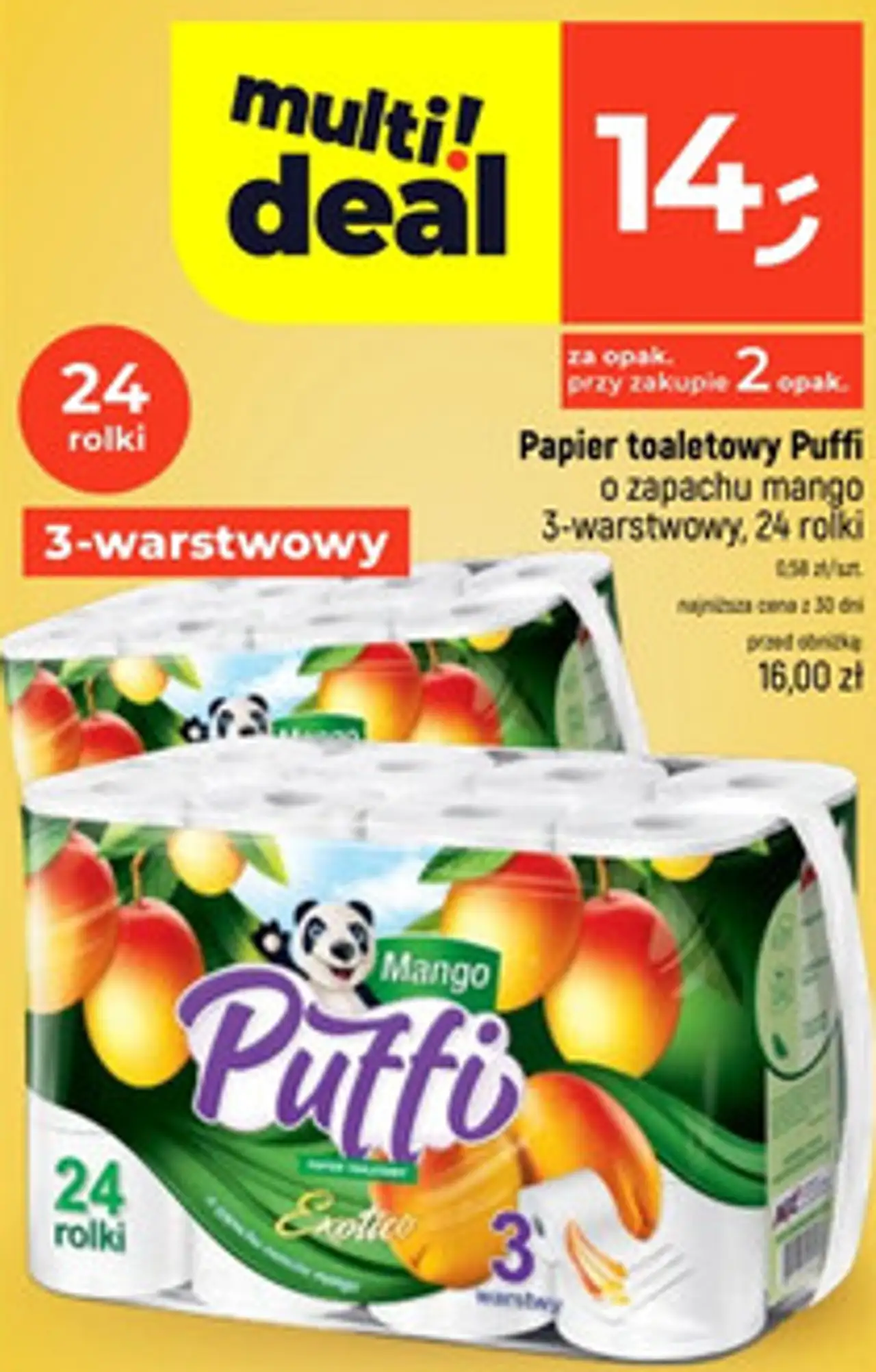 Papier toaletowy Puffi o zapachu mango 3-warstwowy, 24 rolki