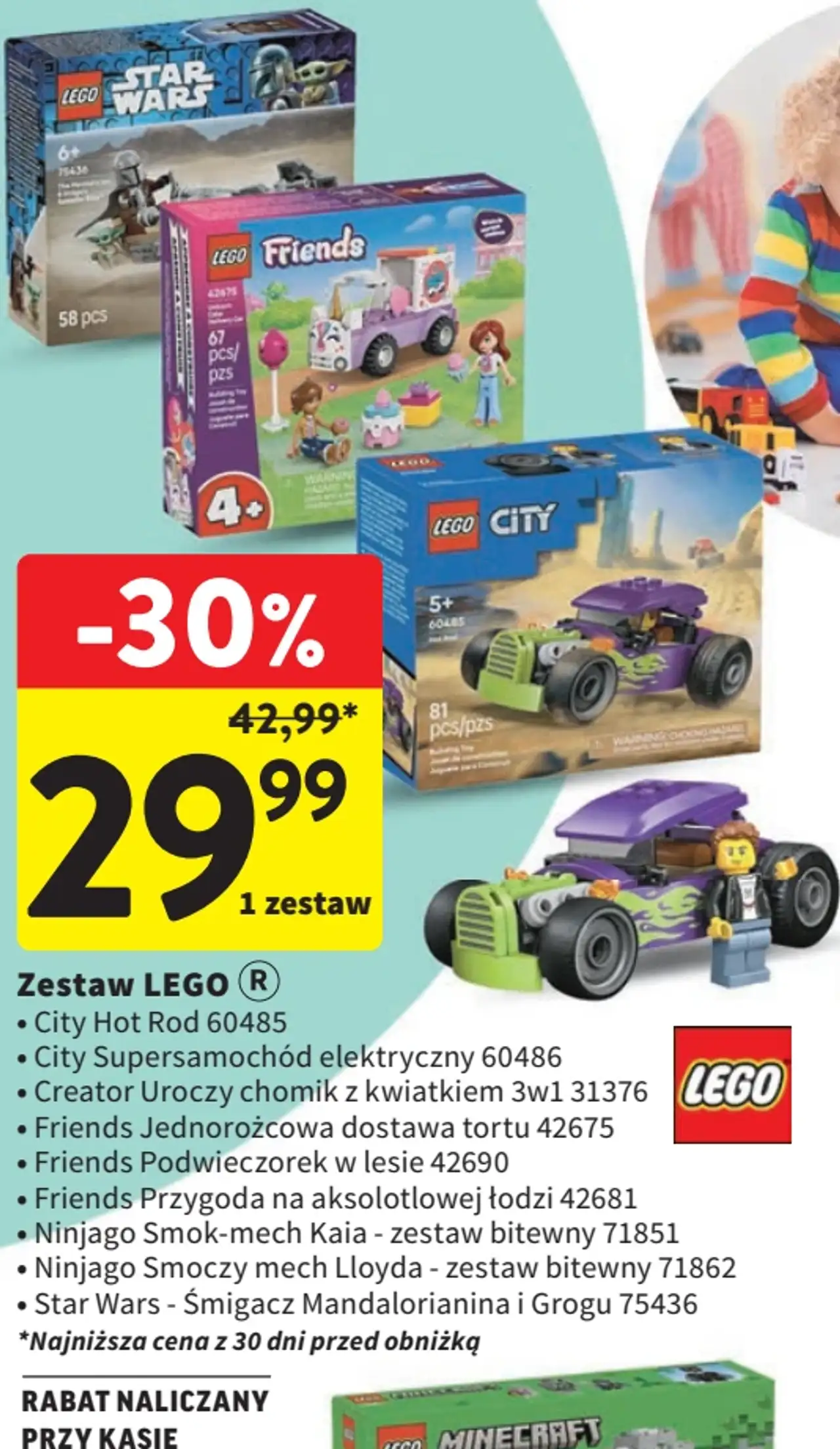 Zestaw LEGO (City Hot Rod 60485 / City Supersamochód elektryczny 60486 / Creator Uroczy chomik z kwiatkiem 3w1 31376 / Friends Jednorożcowa dostawa tortu 42675 / Friends Podwieczorek w lesie 42690 / Friends Przygoda na aksolotlowej łodzi 42681 / N...