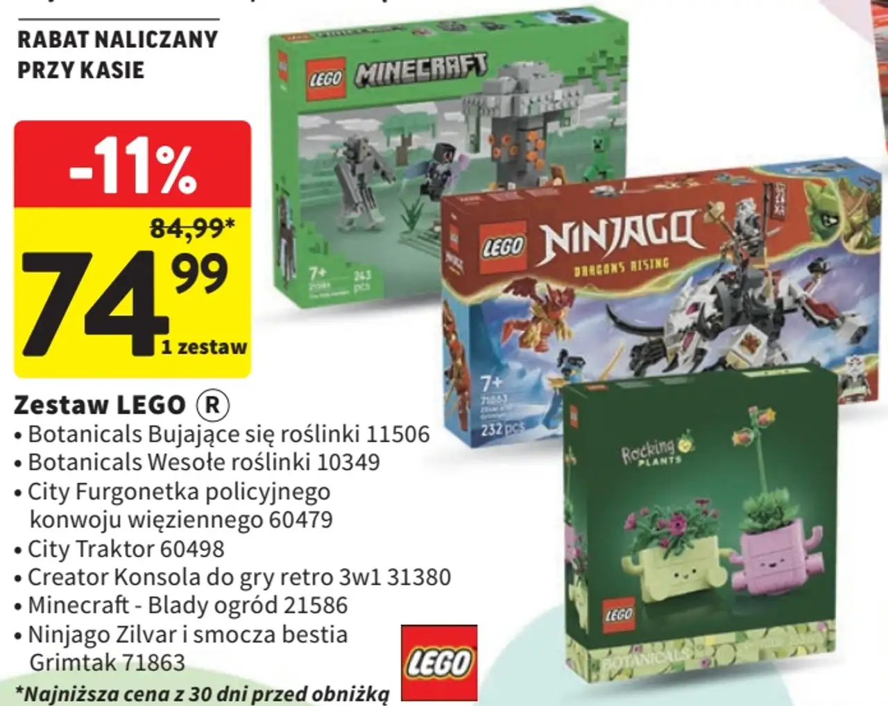 Zestaw LEGO (Botanicals Bujające się roślinki 11506 / Botanicals Wesołe roślinki 10349 / City Furgonetka policyjnego konwoju więziennego 60479 / City Traktor 60498 / Creator Konsola do gry retro 3w1 31380 / Minecraft - Blady ogród 21586 / Ninjago...