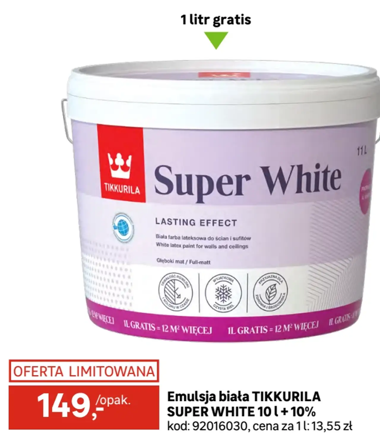 Emulsja biała TIKKURILA SUPER WHITE 10 l + 10%