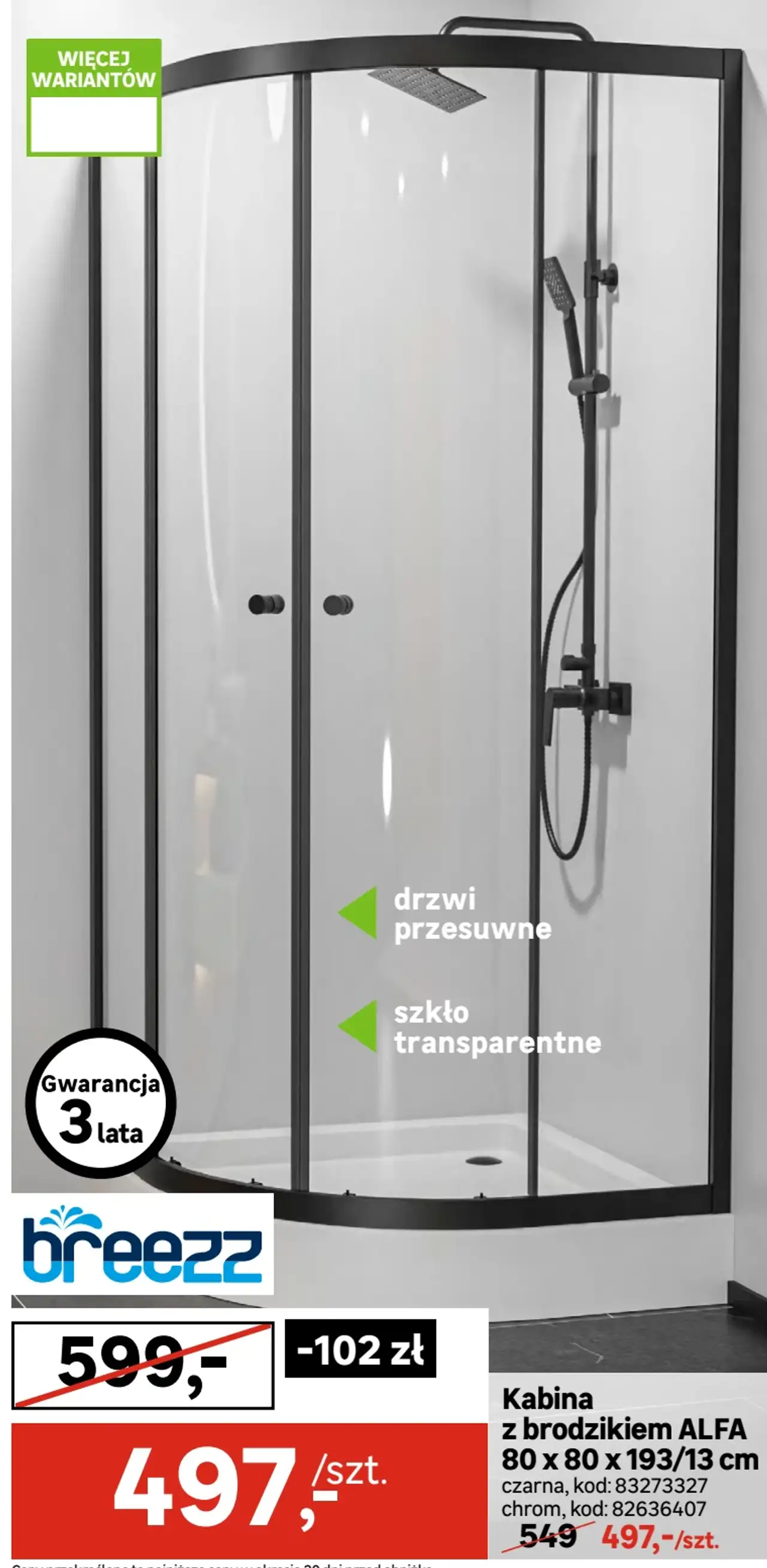 Kabina z brodzikiem ALFA 80 x 80 x 193/13 cm Breezz