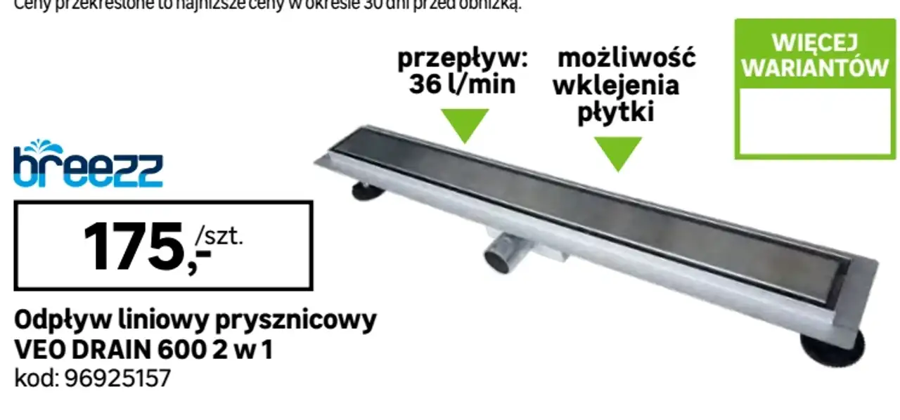 Odpływ liniowy prysznicowy VEO DRAIN 600 2 w 1 Breezz