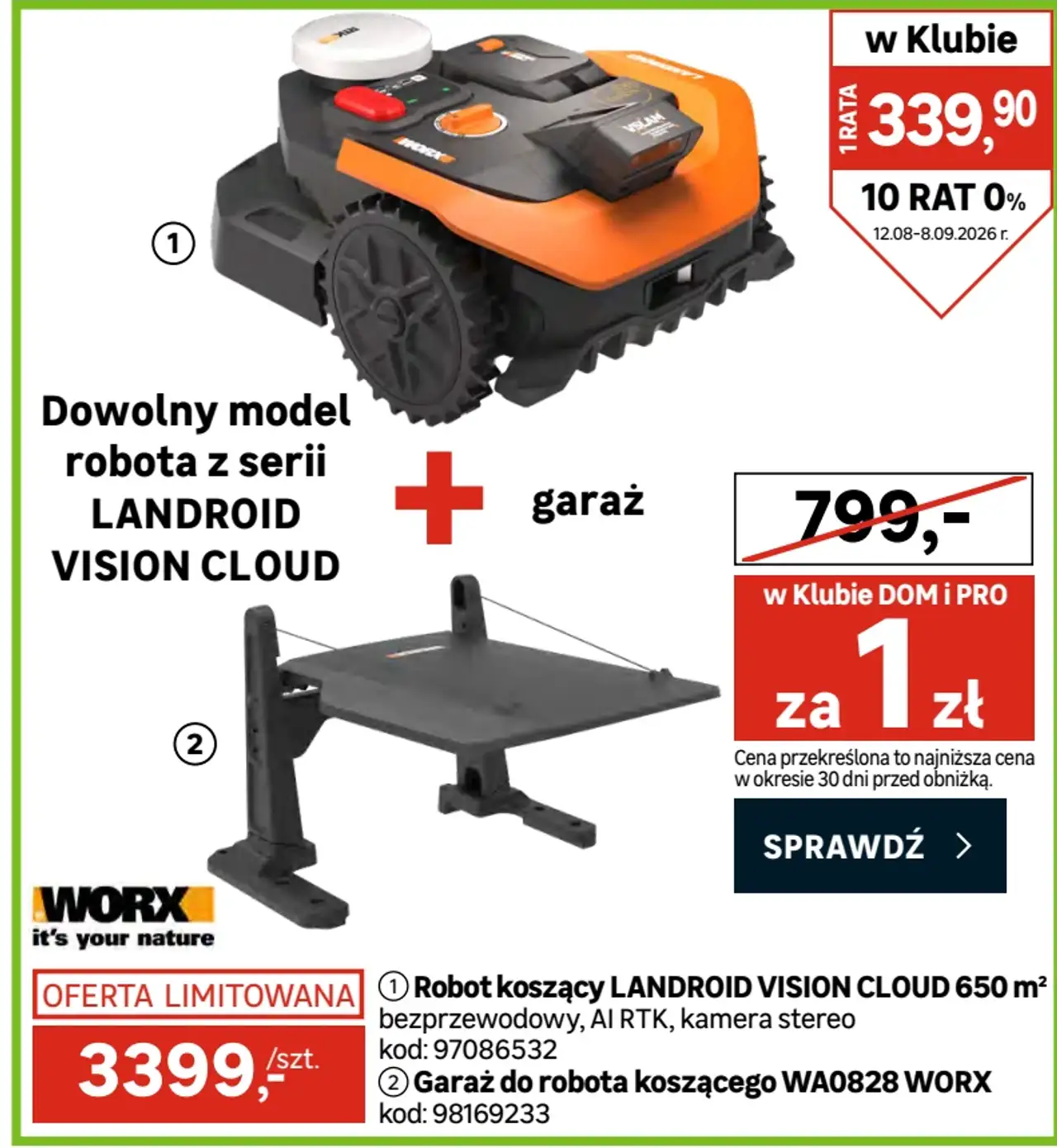 Robot koszący LANDROID VISION CLOUD 650 m² + Garaż do robota koszącego WA0828 WORX