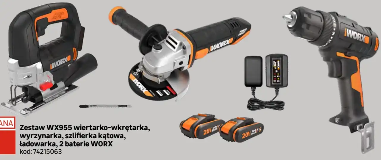 Zestaw WX955 wiertarko-wkrętarka, wyrzynarka, szlifierka kątowa, ładowarka, 2 baterie WORX
