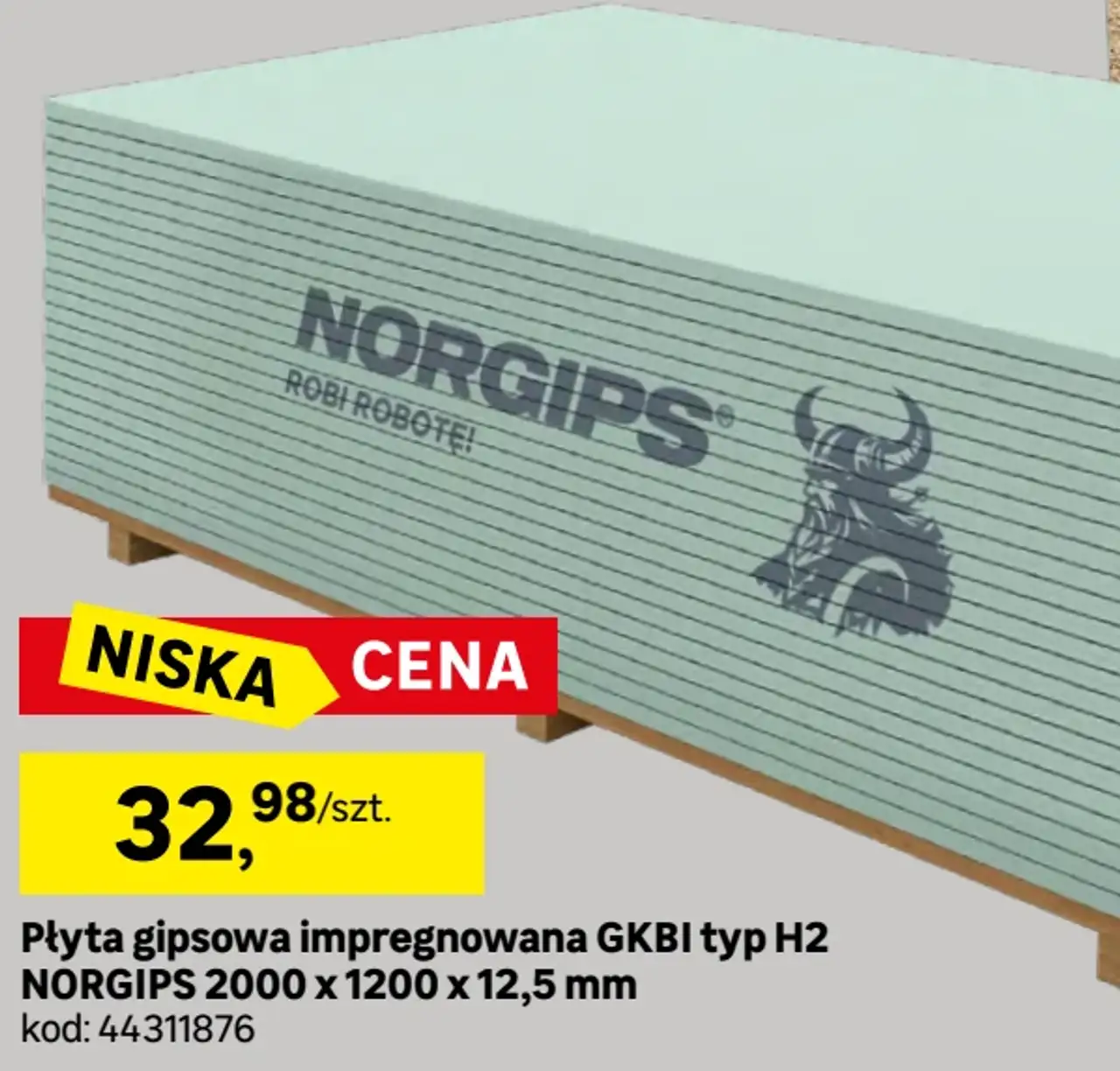 Płyta gipsowa impregnowana GKBI typ H2 NORGIPS 2000 x 1200 x 12,5 mm