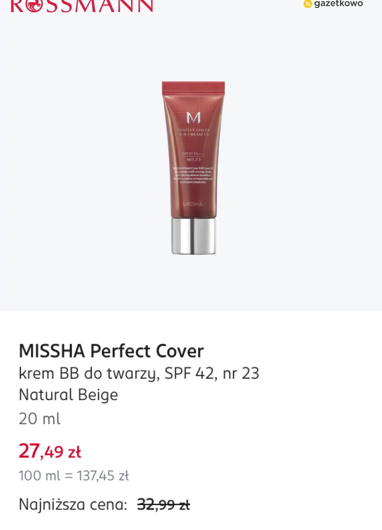 MISSHA Perfect Cover krem BB do twarzy, SPF 42, nr 23 Natural Beige