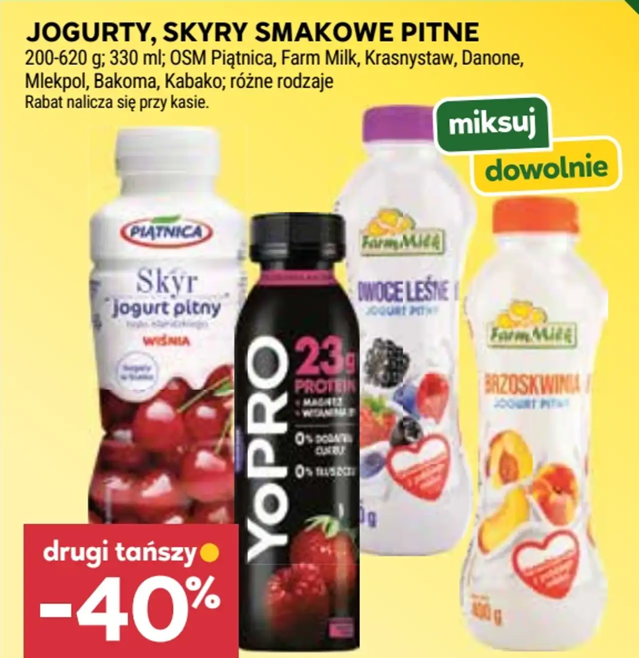 Jogurty, skyry smakowe pitne Piątnica, YoPro, Farm Milk