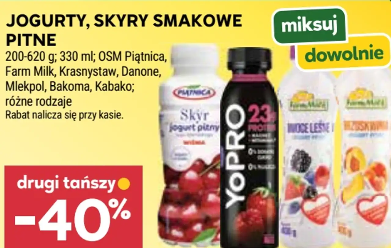 Jogurty, skyry smakowe pitne OSM Piątnica, Farm Milk, Krasnystaw, Danone, Mlekpol, Bakoma, Kabako
