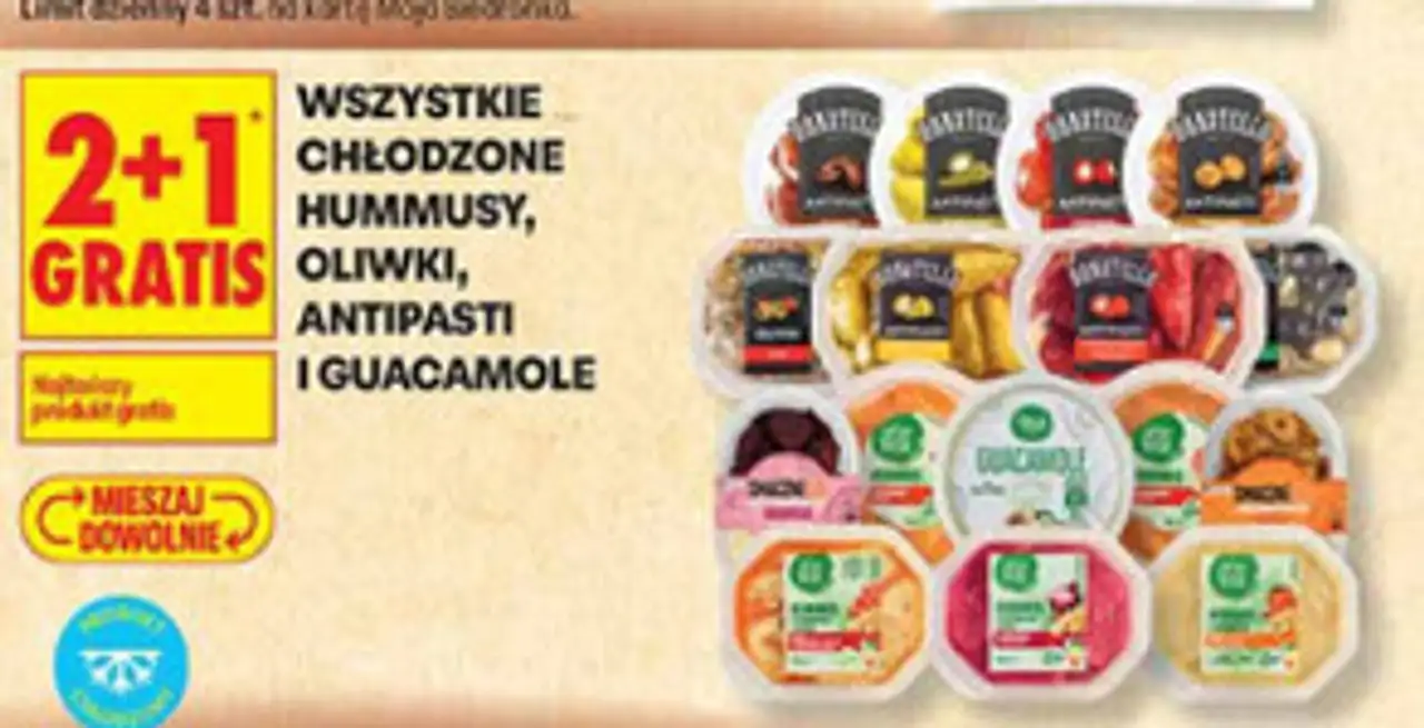 Chłodzone hummusy, oliwki, antipasti i guacamole