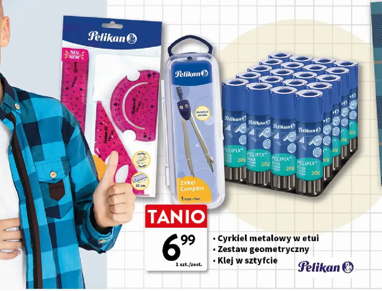 Cyrkiel metalowy w etui / Zestaw geometryczny / Klej w sztyfcie Pelikan