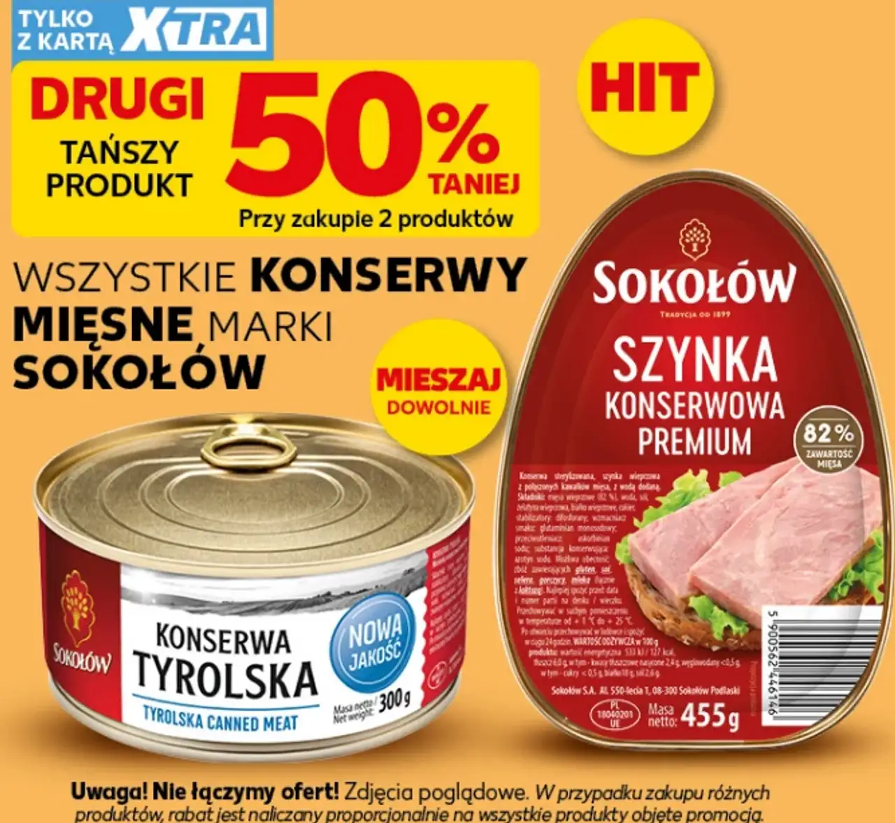 Wszystkie konserwy mięsne marki Sokołów (np. Konserwa Tyrolska, Szynka konserwowa premium)