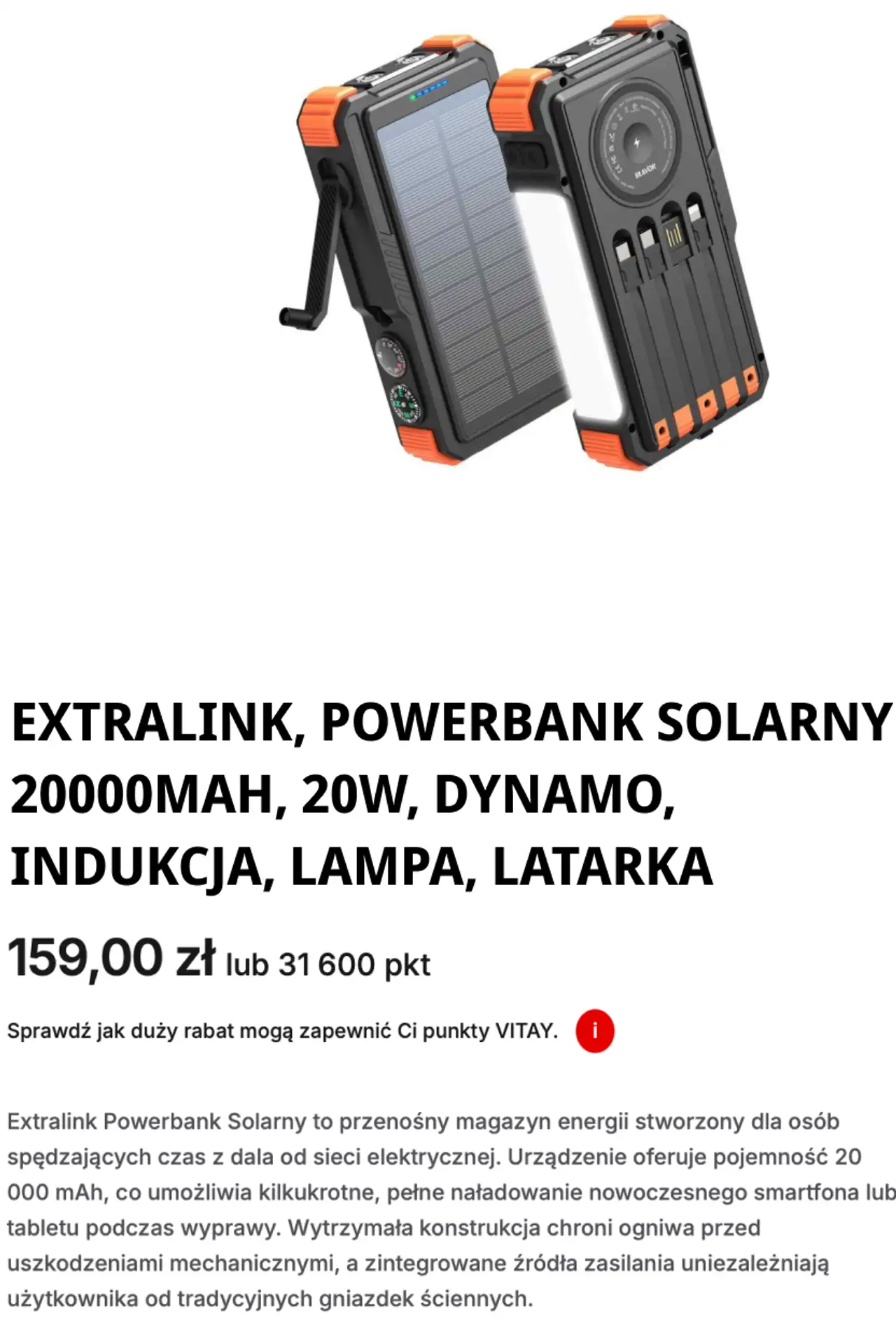 EXTRALINK, POWERBANK SOLARNY 20000MAH, 20W, DYNAMO, INDUKCJA, LAMPA, LATARKA