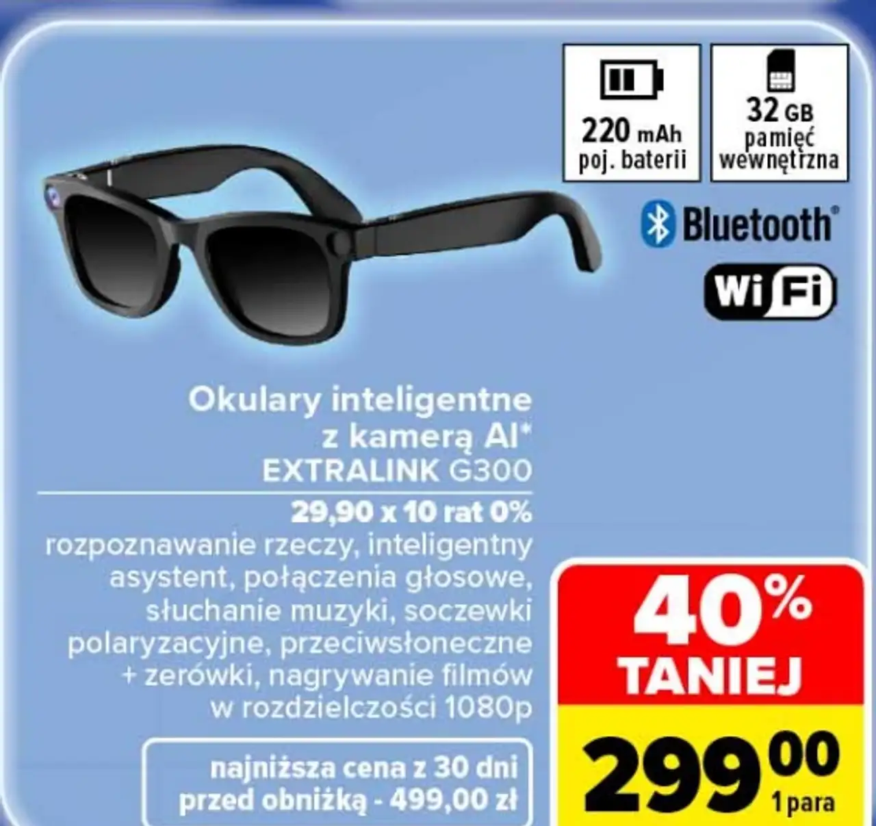 Okulary inteligentne z kamerą AI Extralink G300