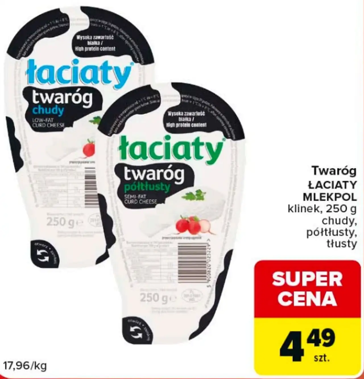 Twaróg klinek Łaciaty Mlekpol (chudy, półtłusty, tłusty)