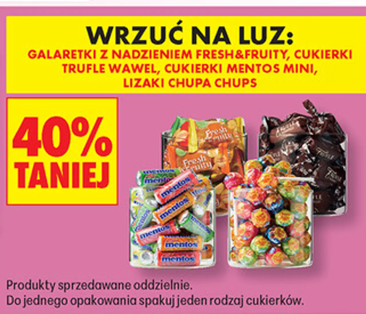 Galaretki z nadzieniem Fresh&Fruity, Cukierki Trufle Wawel, Cukierki Mentos Mini, Lizaki Chupa Chups