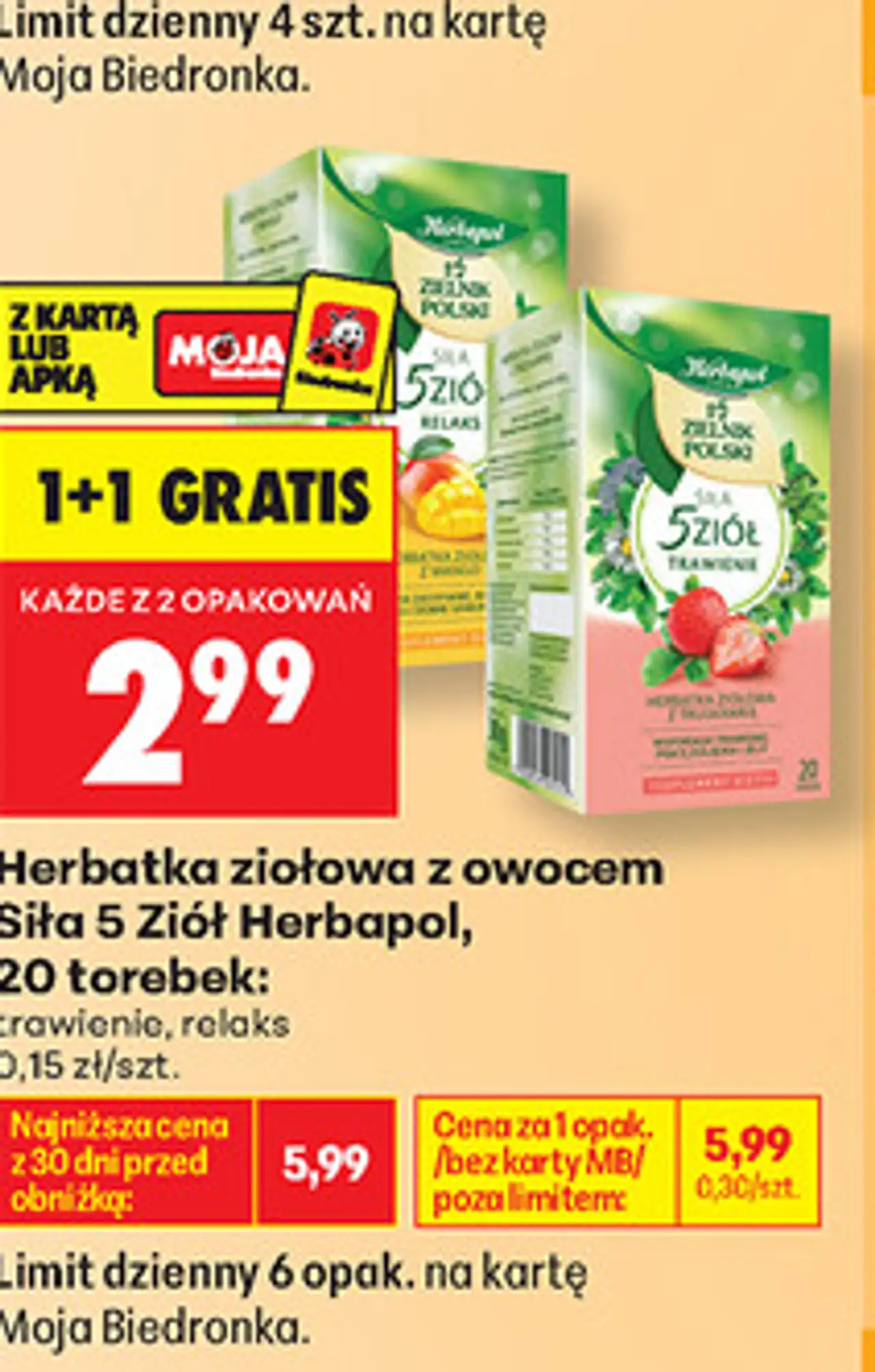 Herbatka ziołowa z owocem Siła 5 Ziół Herbapol, 20 torebek